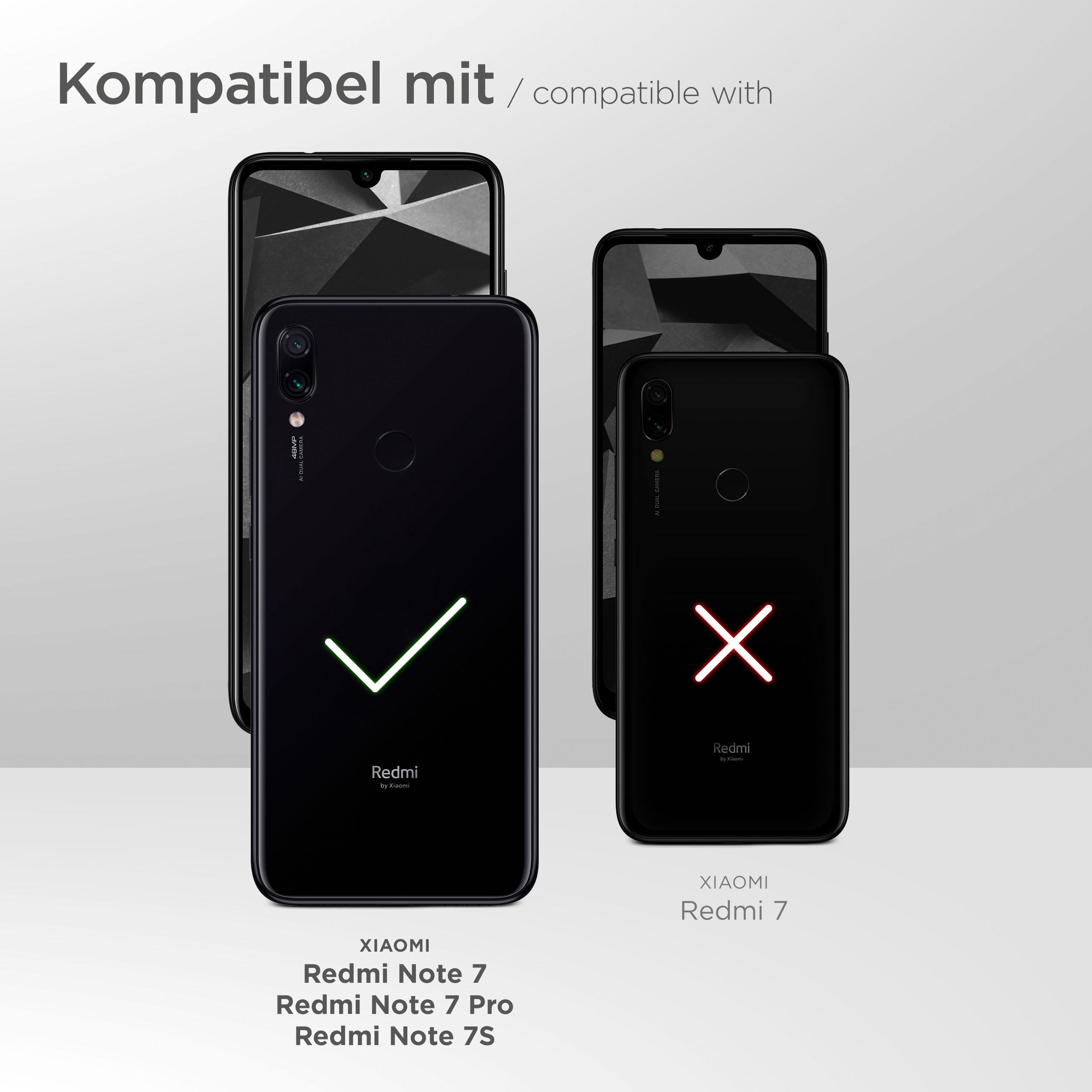 Drei Smartphones, zwei schwarz und eins rot, zeigen Kompatibilität mit der Redmi Note 7 Serie.