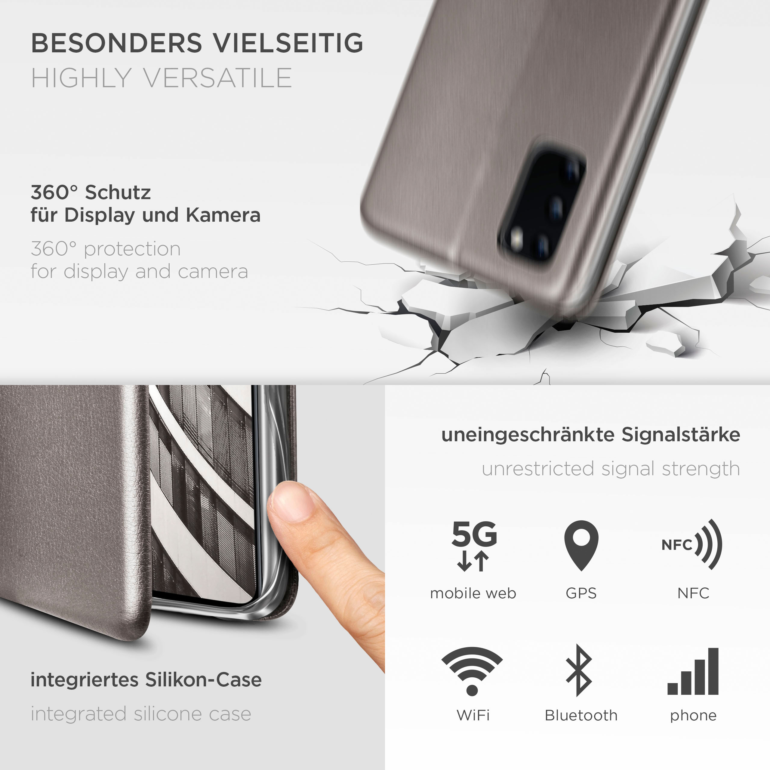 Handyhülle mit Telefon. Zeigt 360°-Displayschutz und uneingeschränkte Signalstärke. Außerdem WLAN- und NFC-Symbole.