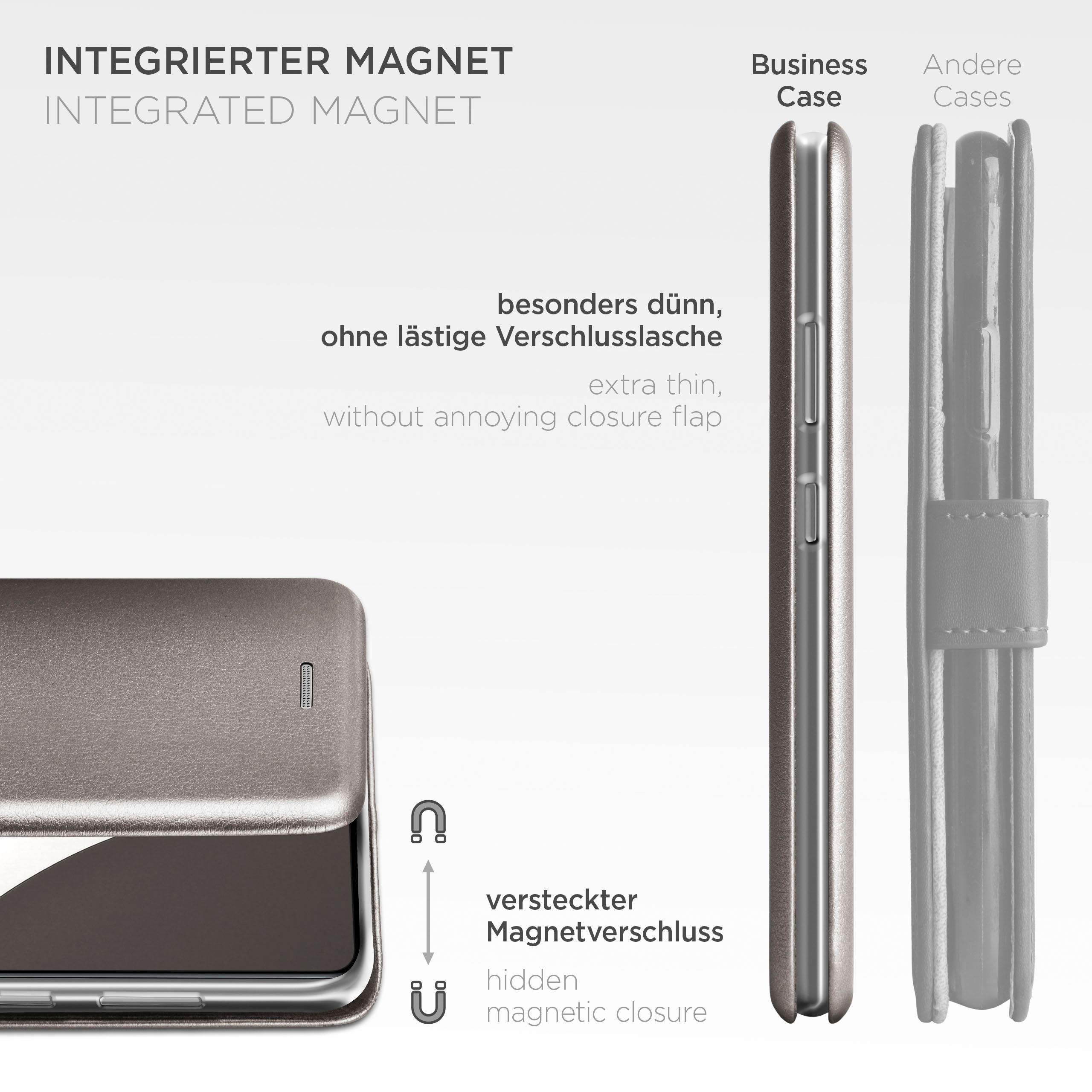 Handyhülle mit integriertem Magneten. Extra dünn ohne störende Verschlusslasche. Versteckter Magnetverschluss.