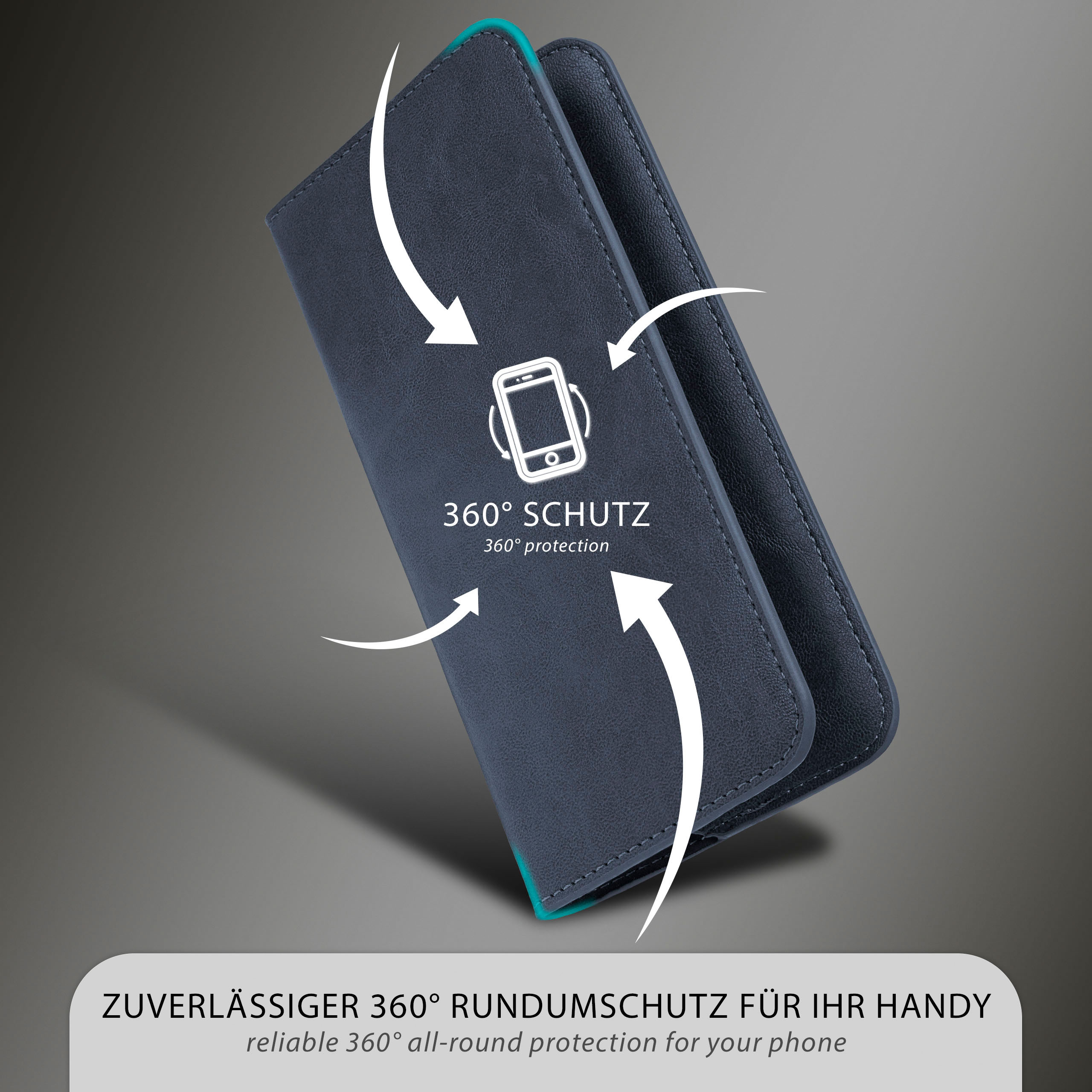 Blaue Handyhülle mit Pfeilen, Text 360° Schutz. Grauer Hintergrund.