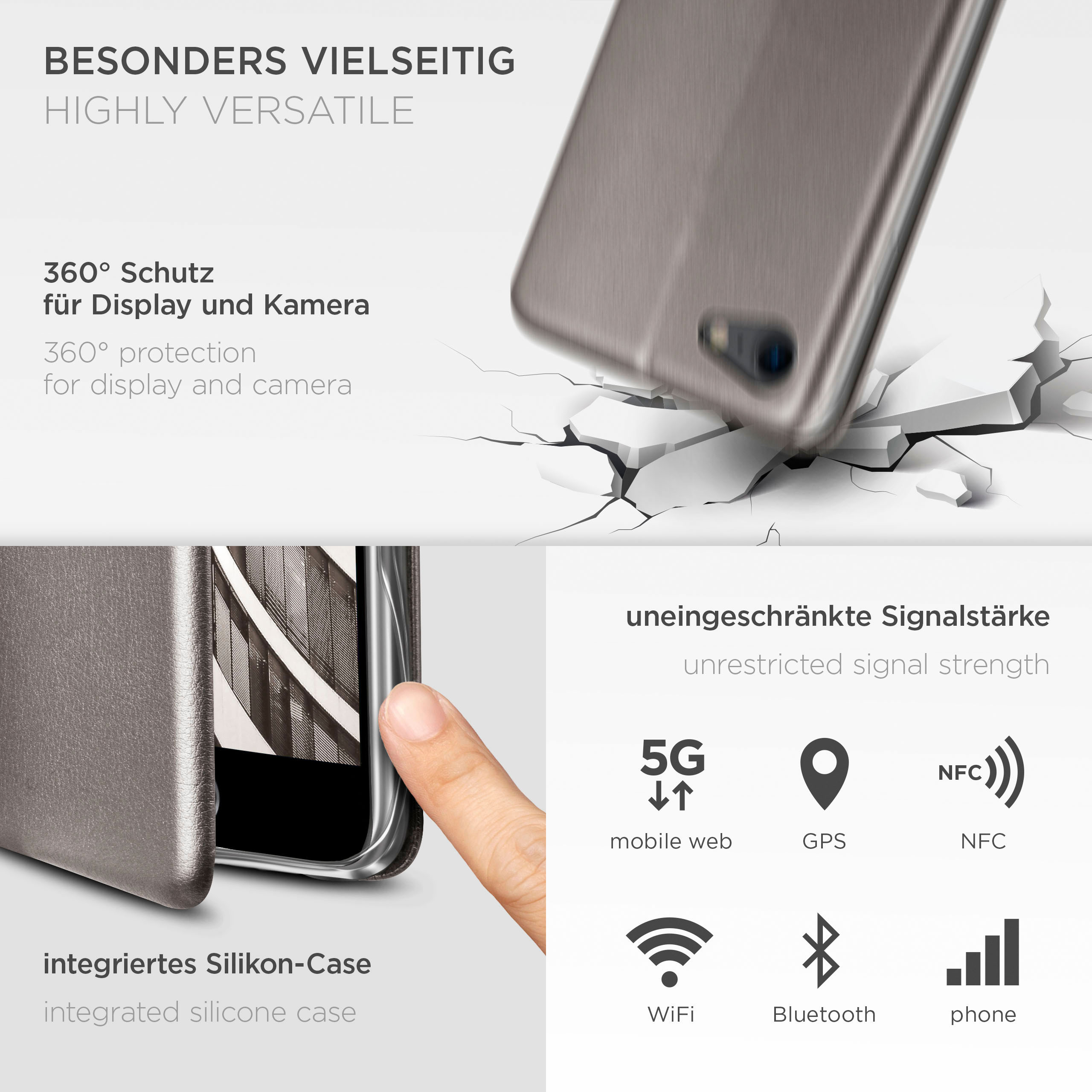 Eine Handyhülle mit silbernem Telefon, zerbrochenem Boden und Signal-Icons.