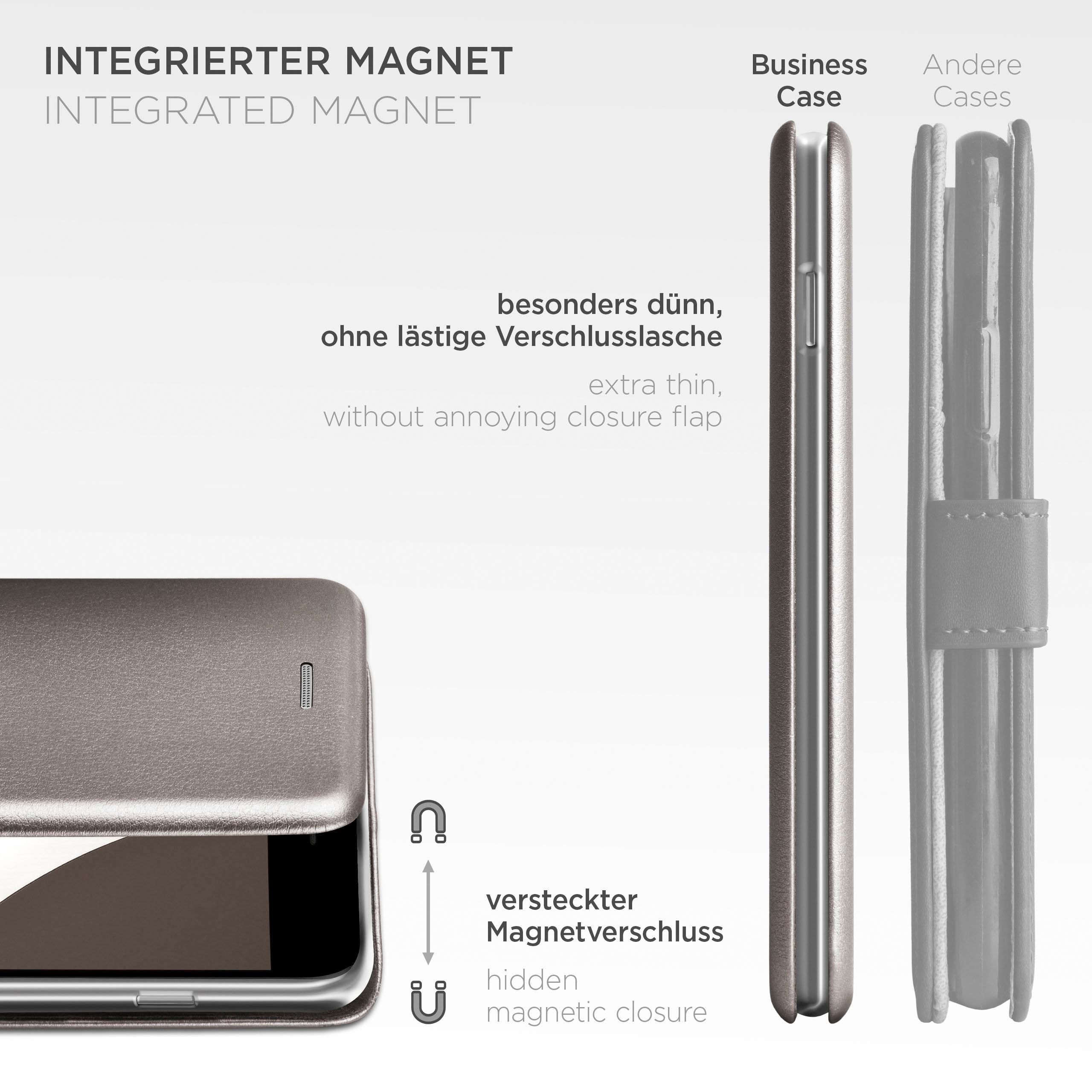 Handyhülle mit integriertem Magneten. Extra dünn ohne störende Verschlusslasche. Versteckter Magnetverschluss.