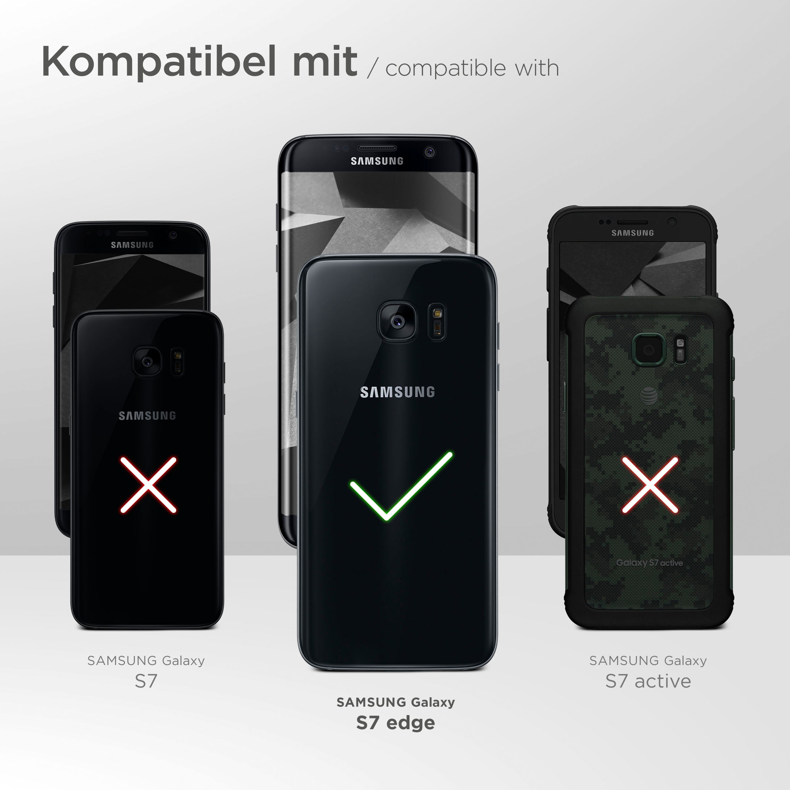 Telefone mit kompatiblen und inkompatiblen Gehäuseanzeigen. Samsung Galaxy S7 edge ist kompatibel.