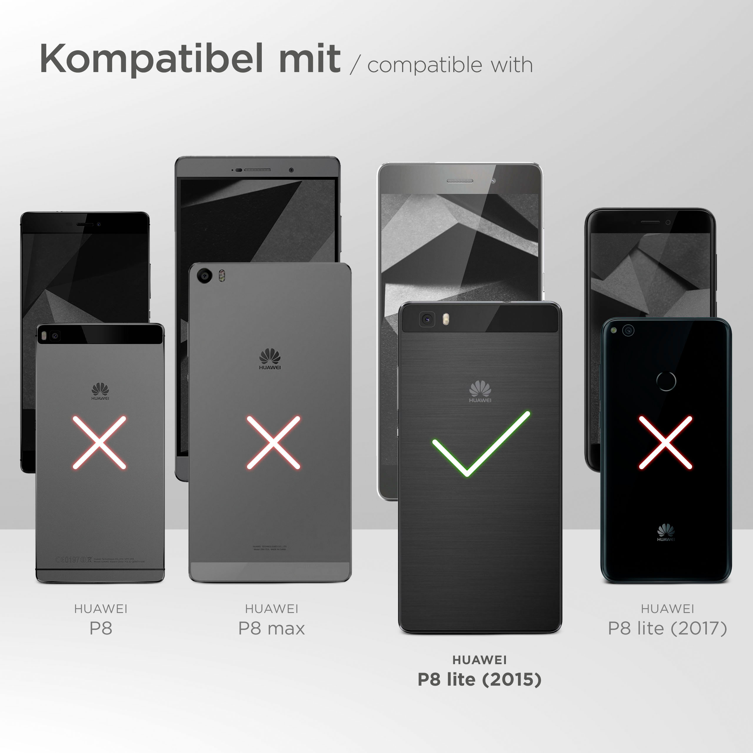Das Bild zeigt Mobiltelefone. Einige haben ein Häkchen, andere ein X. Text: "kompatibel mit".