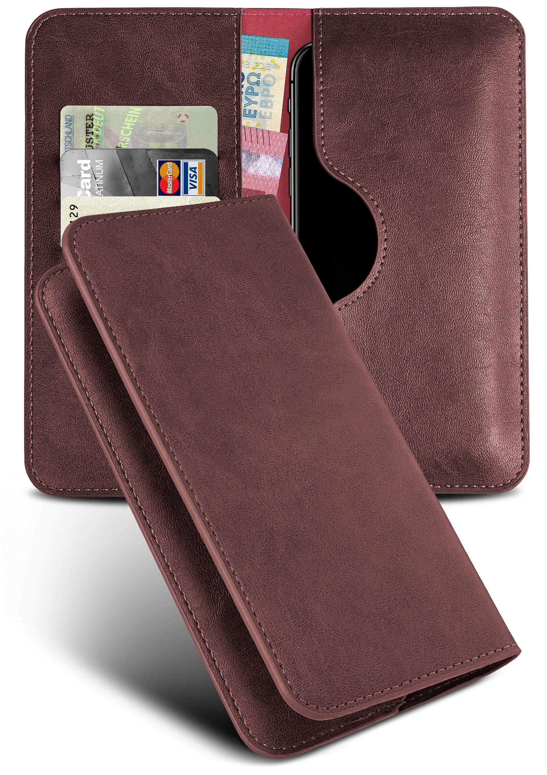 Braune Leder-Handyhülle mit Kartenfächern und einem Handy. Karten und Euro-Noten sind sichtbar.