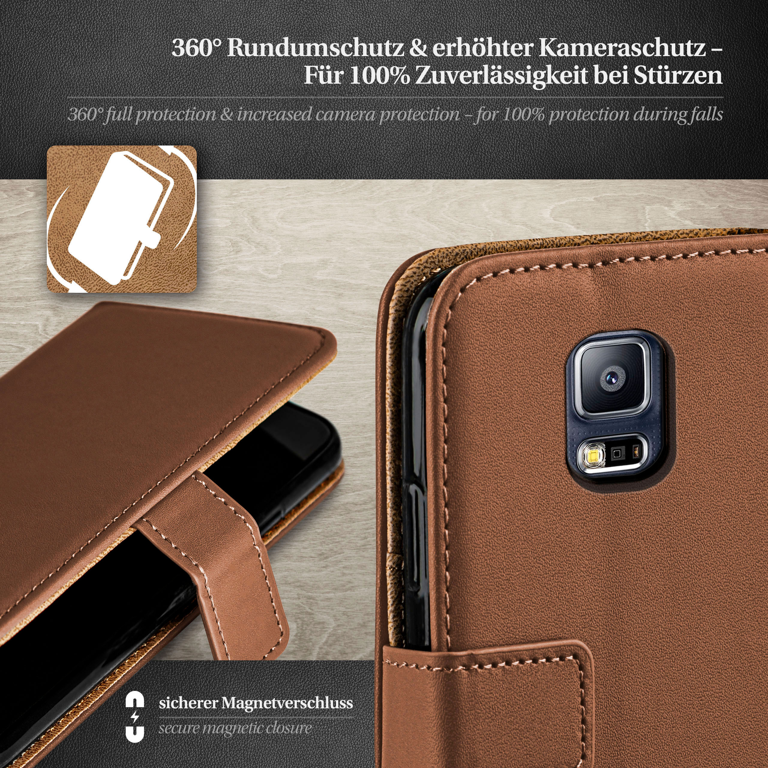 Braune Leder-Handyhülle. Telefon innen. Sicherer Magnetverschluss. 360° Schutz.