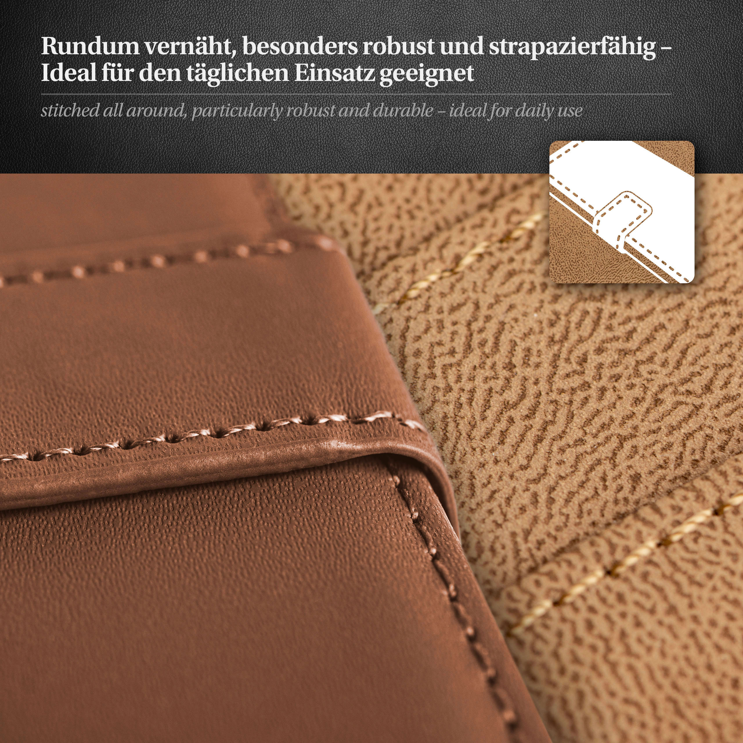 Nahaufnahme von braunem Leder mit Nähten, das die Textur des Materials und die Details zeigt.