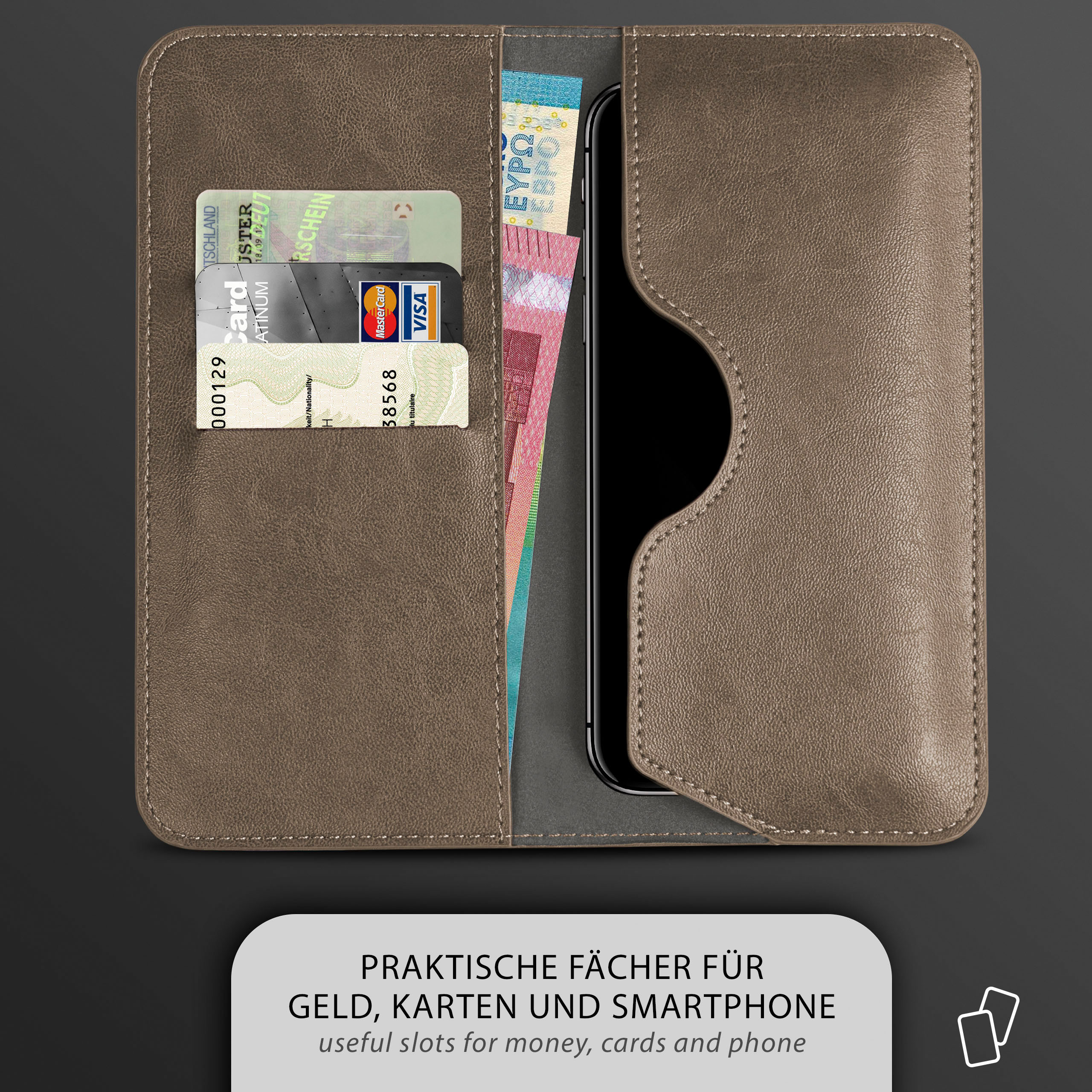 Handyhülle mit Fächern für Karten, Geld und Smartphone. Enthält Karten, Geld und ein Telefon.