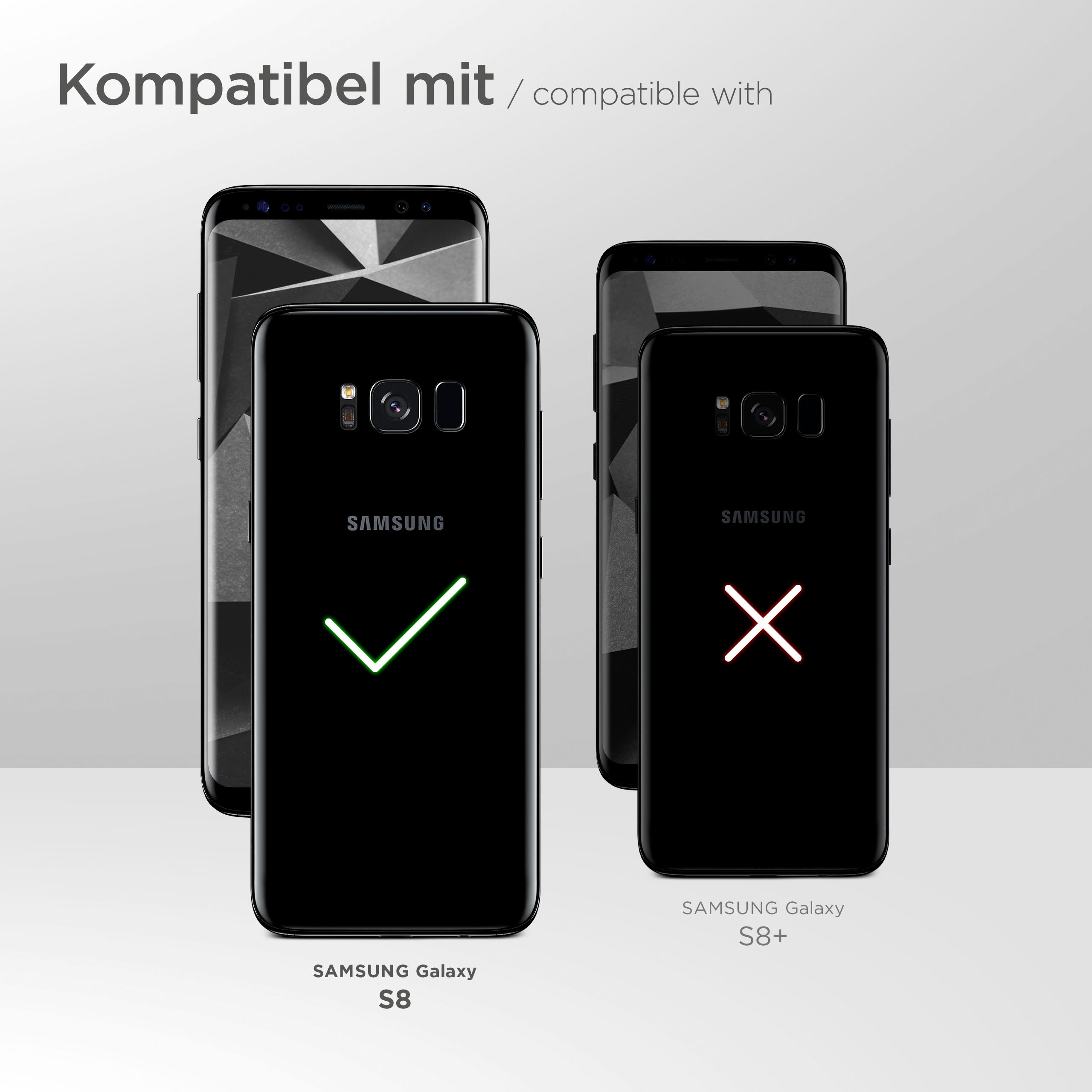 Drei Telefone mit grauen Rückseiten. Ein graues Telefon hat ein X, zwei ein Häkchen, was die Kompatibilität zeigt.