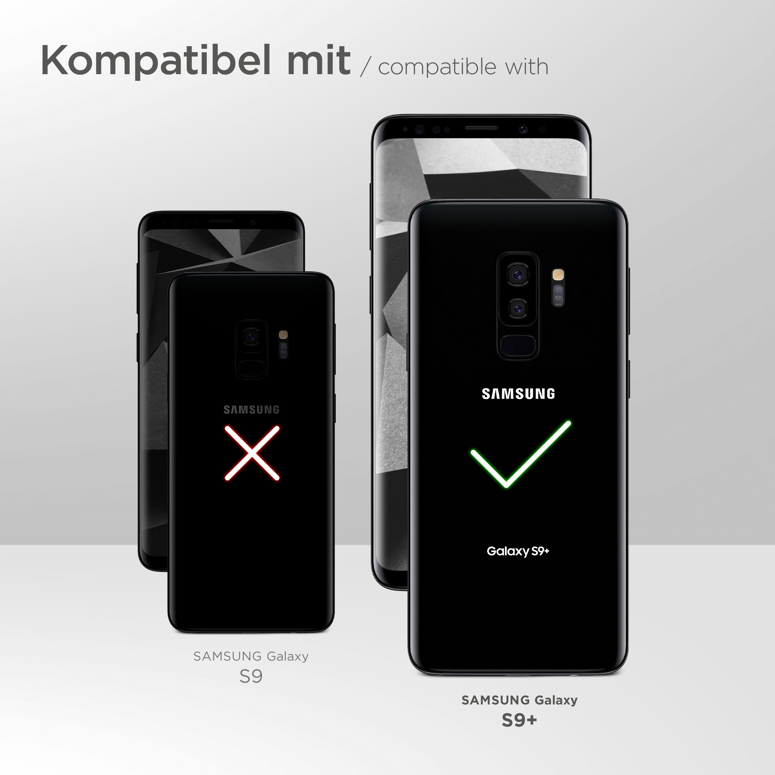 Drei schwarze Smartphones. Text weist auf Kompatibilität hin: Samsung Galaxy S9 und S9+.