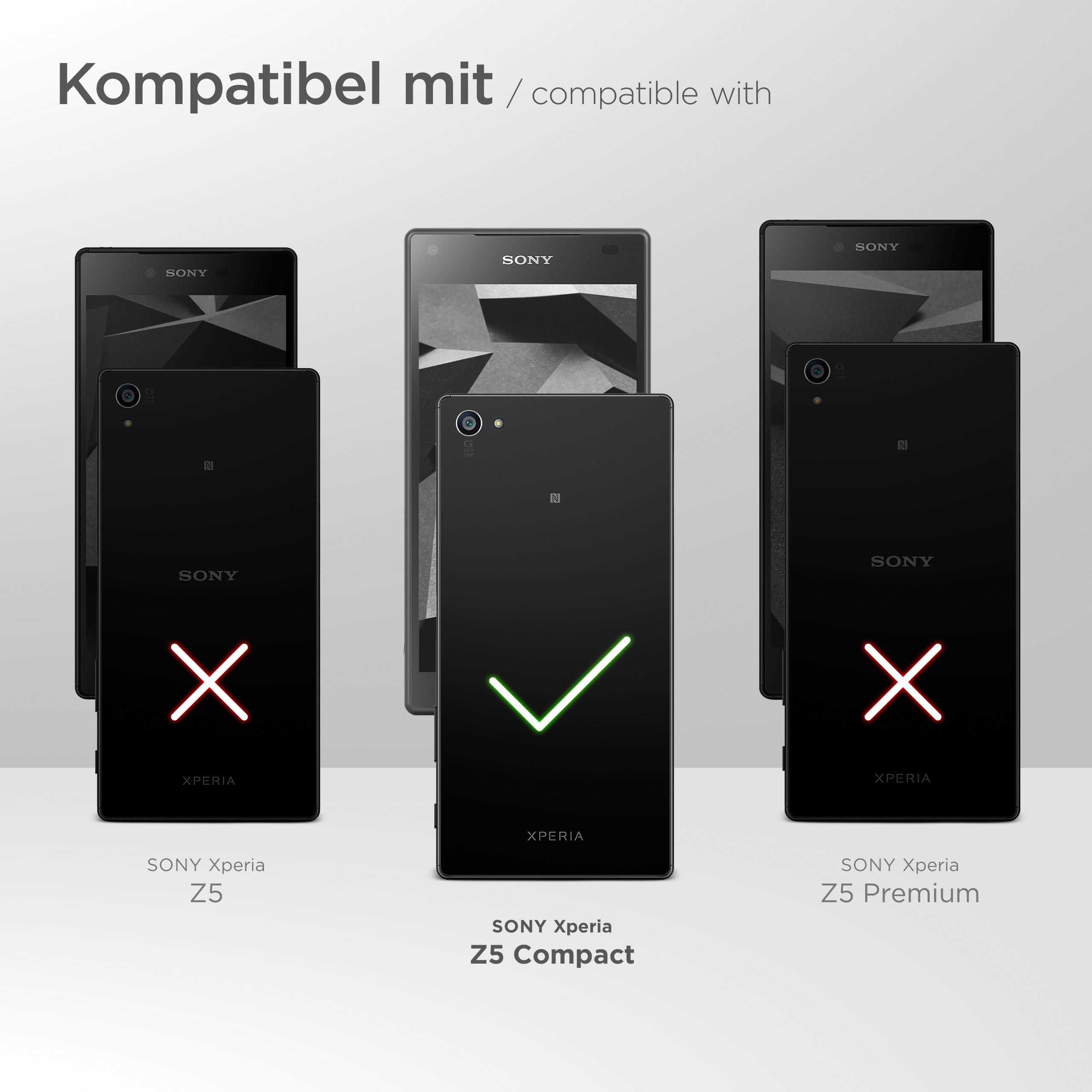 Das Bild zeigt drei schwarze Sony Xperia-Telefone. Eines hat ein Häkchen, zwei ein X, was die Kompatibilität anzeigt.