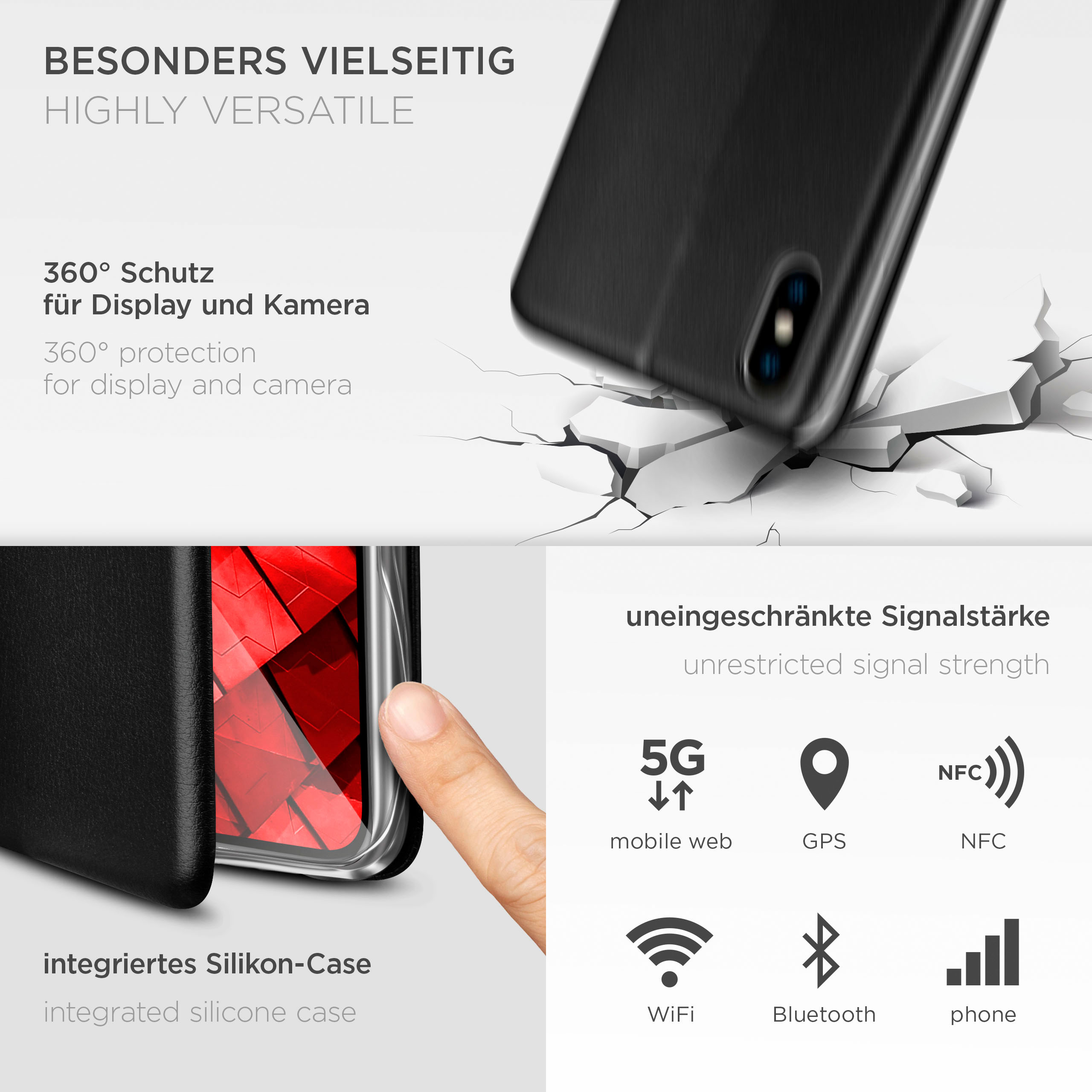 Schwarzes Telefon in einem Gehäuse mit Riss. Es gibt Symbole für 5G, Wifi, Bluetooth und GPS.
