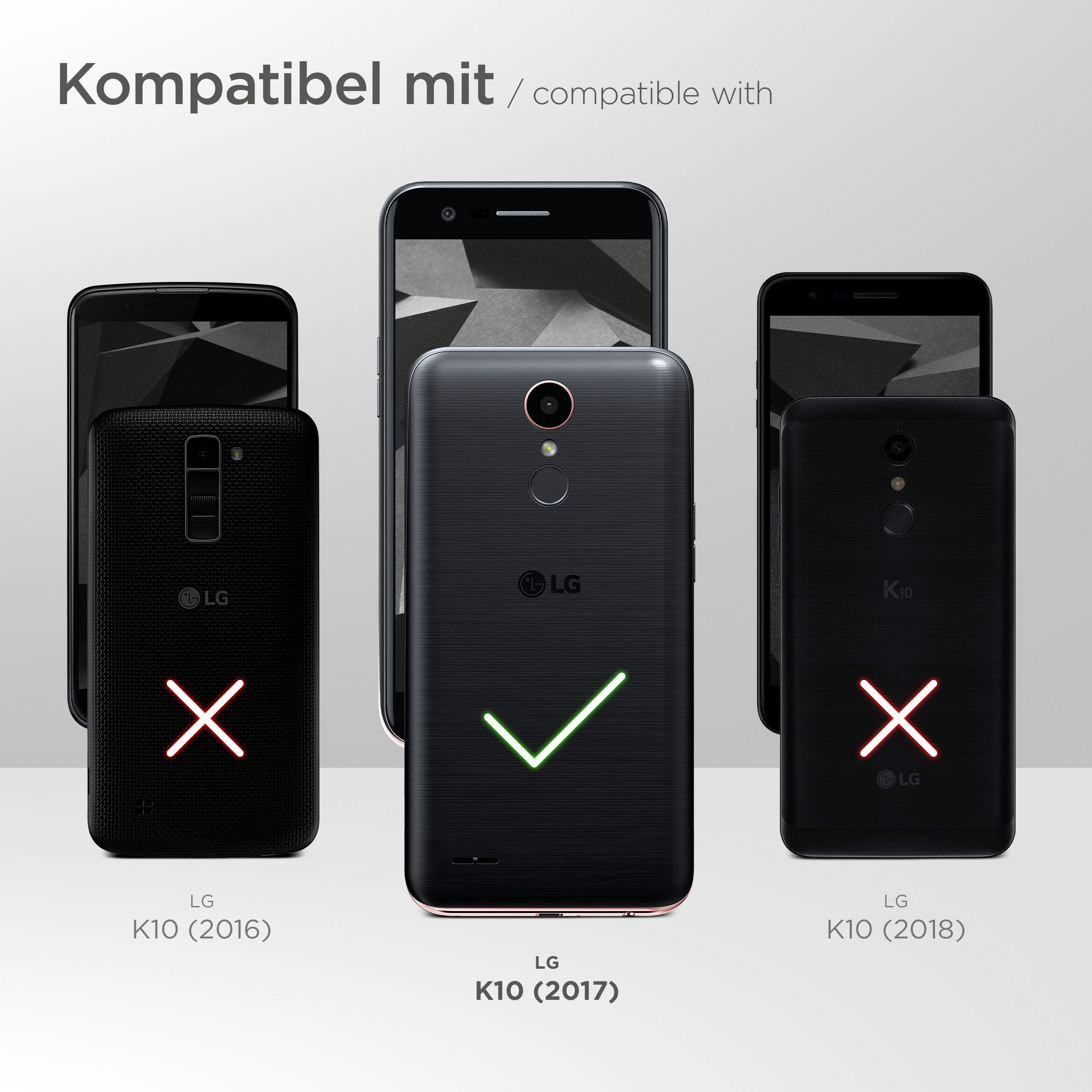 Drei Telefone. Eins mit Häkchen, zwei mit roten X. LG Telefone.