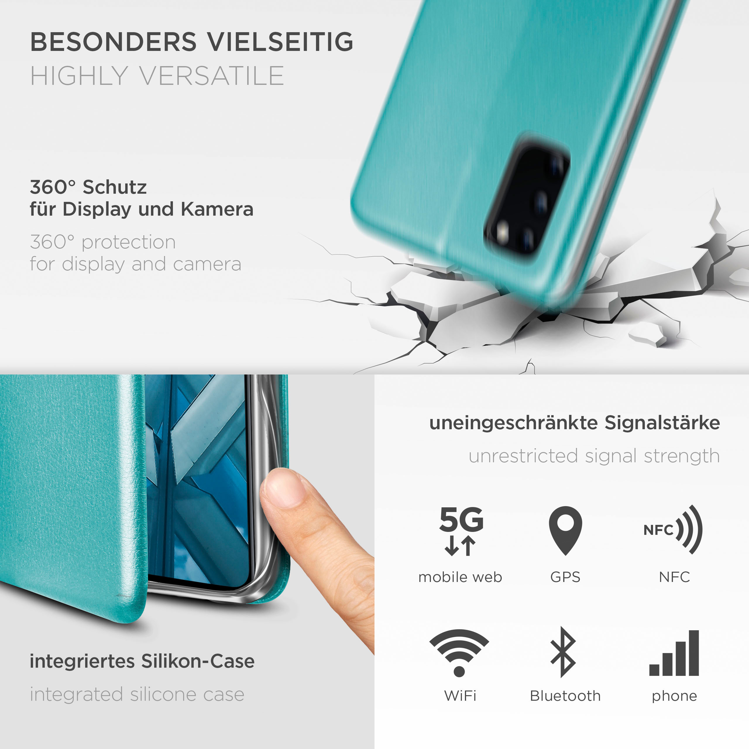 Blaue Handyhülle mit Telefon, zeigt 360°-Schutz und Signal-Icons.