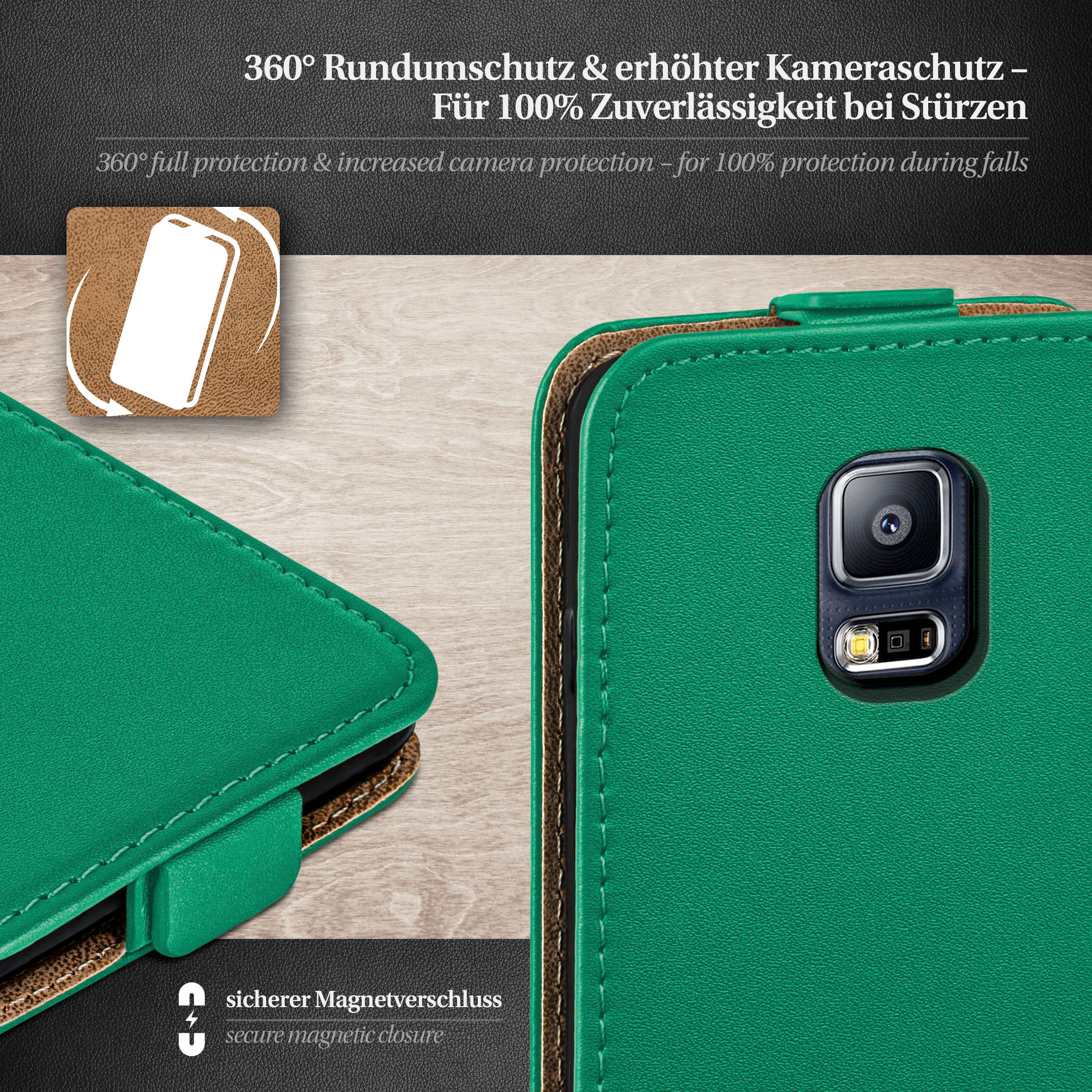 Grüne Handyhülle, offen, mit Telefon. Text: 360° Rundumschutz & erhöhter Kameraschutz.