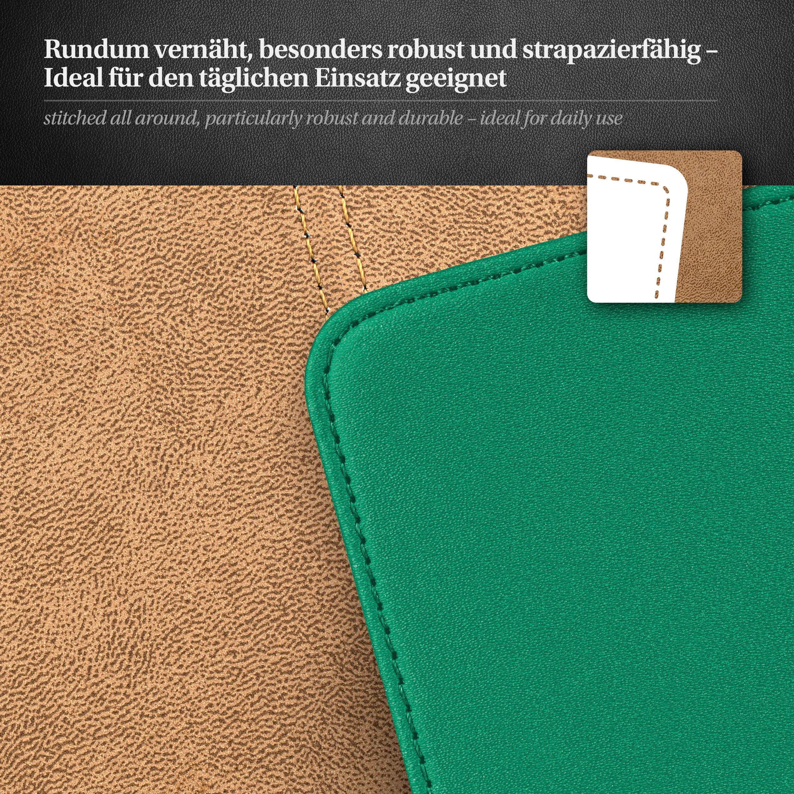Nahaufnahme einer grünen und braunen Oberfläche. Text oben beschreibt das Produkt.