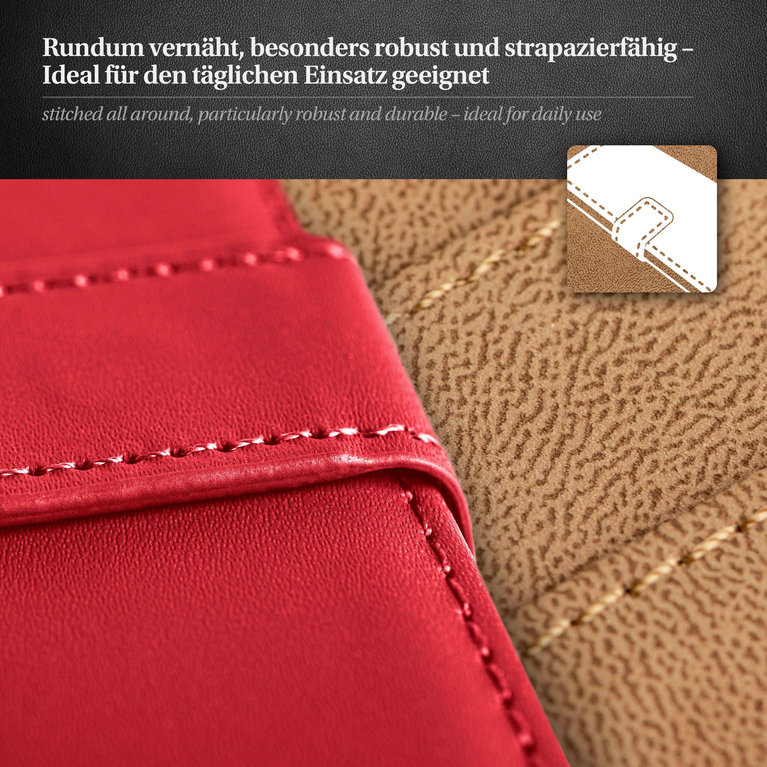 Nahaufnahme einer roten und tanfarbenen Handyhülle mit Nähten und strukturiertem Leder.