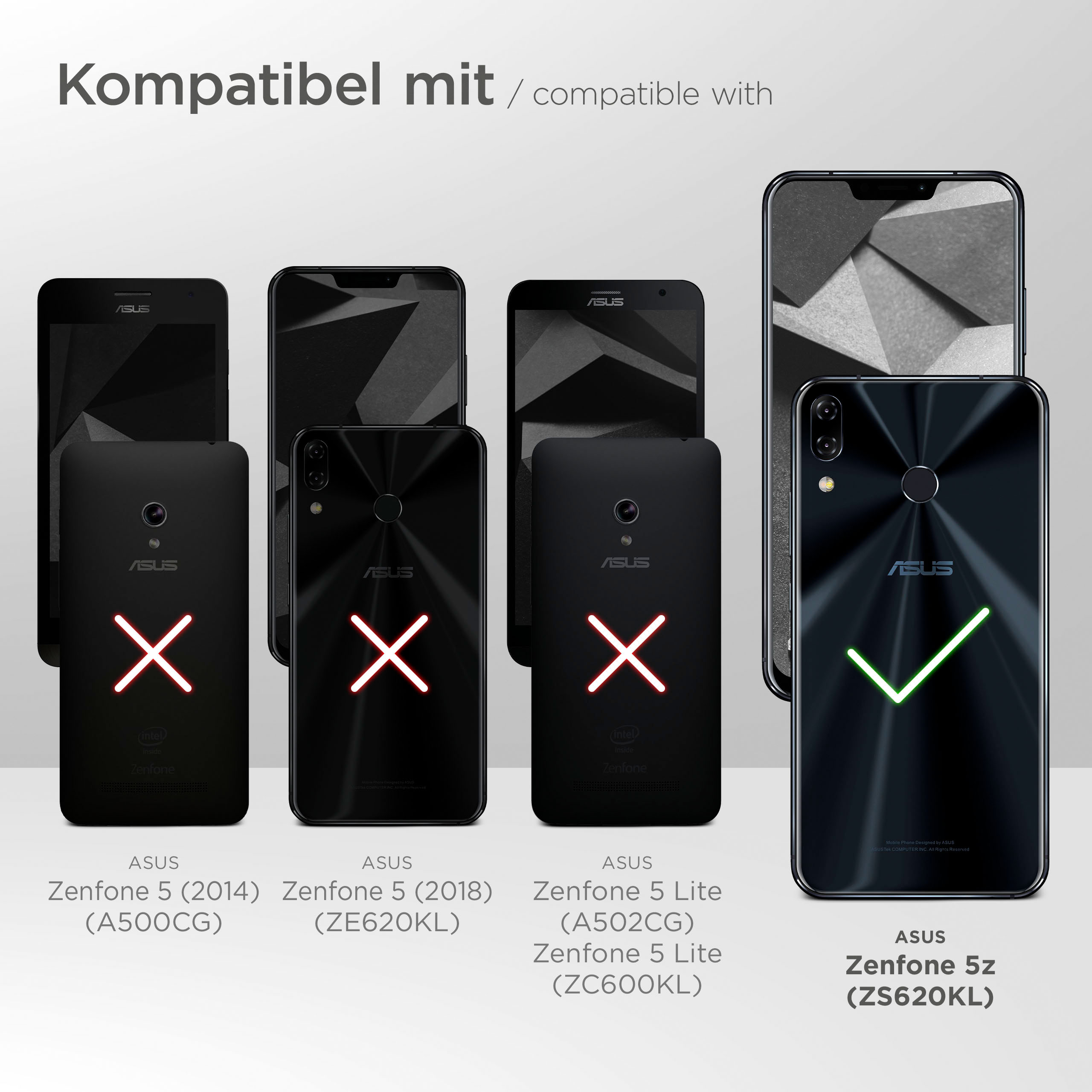 Smartphones mit Hüllen, einige mit X markiert, andere mit Häkchen, Text oben.