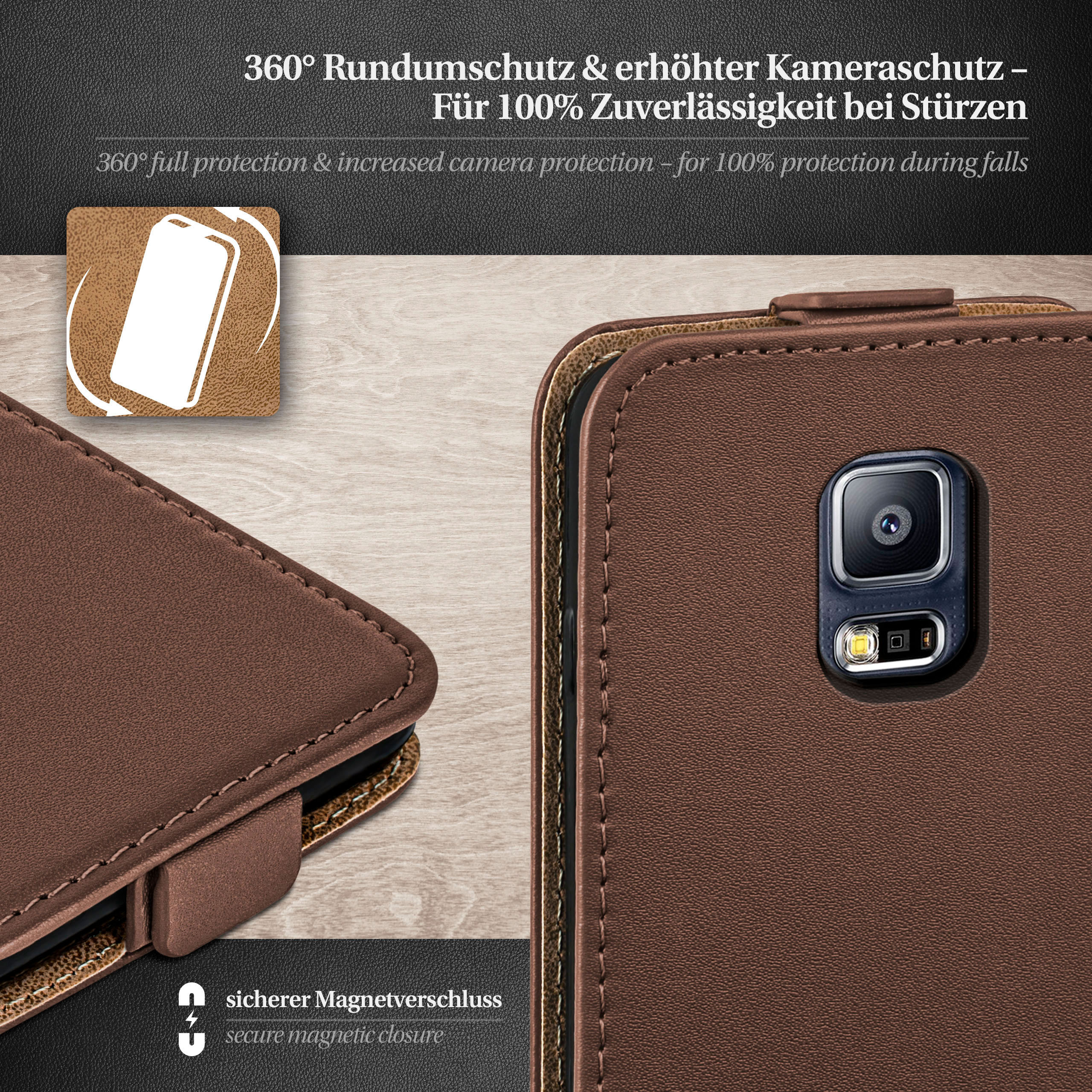 Eine braune Leder-Handyhülle mit einem Telefon im Inneren. Text: 360° Rundumschutz & erhöhter Kameraschutz - für 100% Zuverlässigkeit.