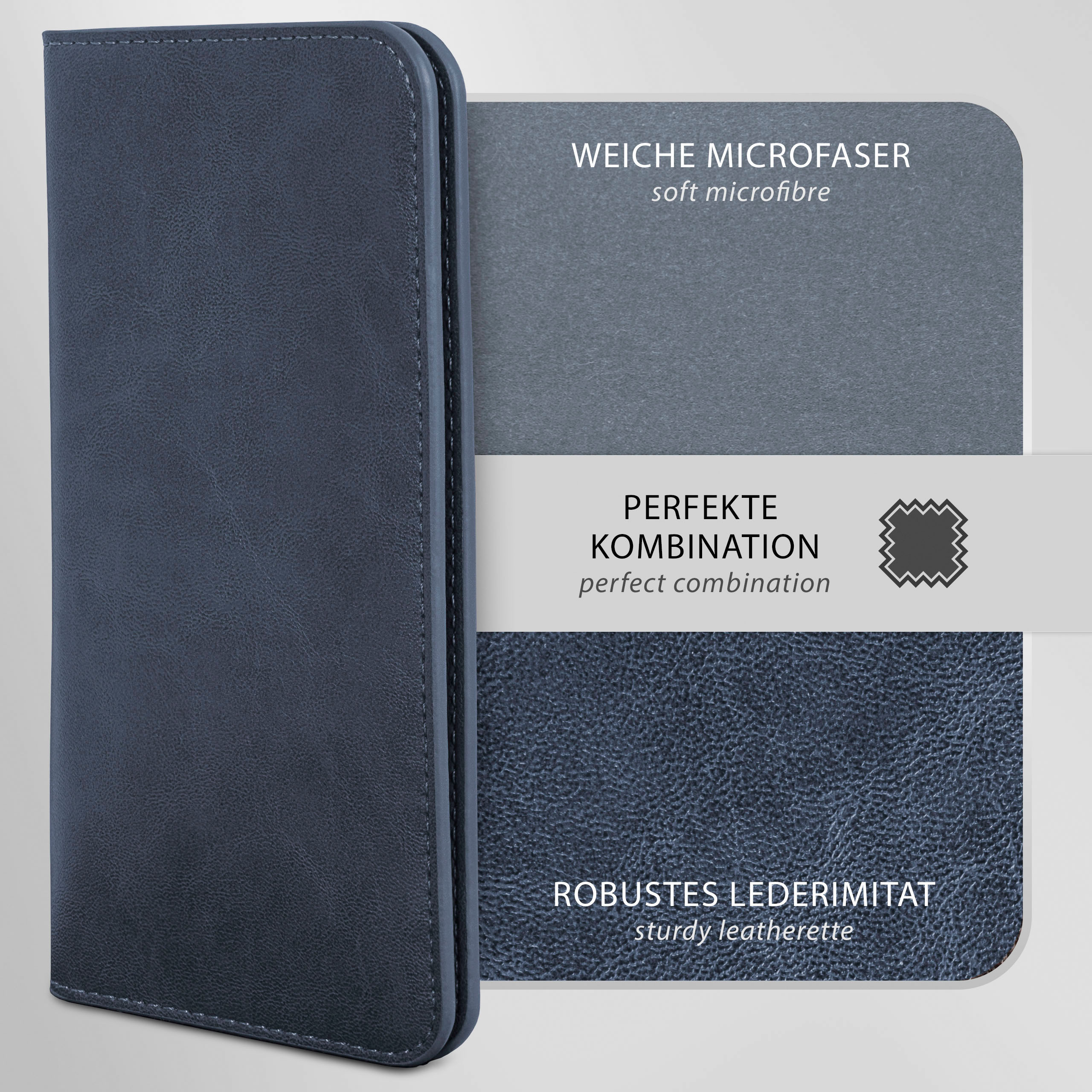 Eine dunkelblaue Handyhülle geöffnet, die die Innenteile der Hülle und die Materialdetails zeigt.