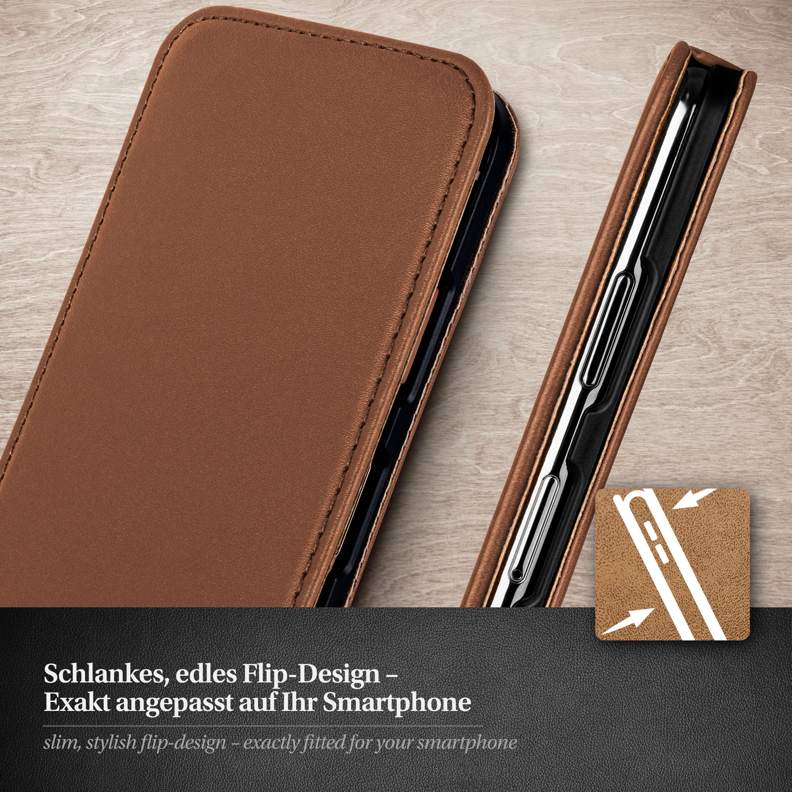 Braune Handyhülle, stylisches Flip-Design. Perfekt für Smartphone. Detail der Seite.