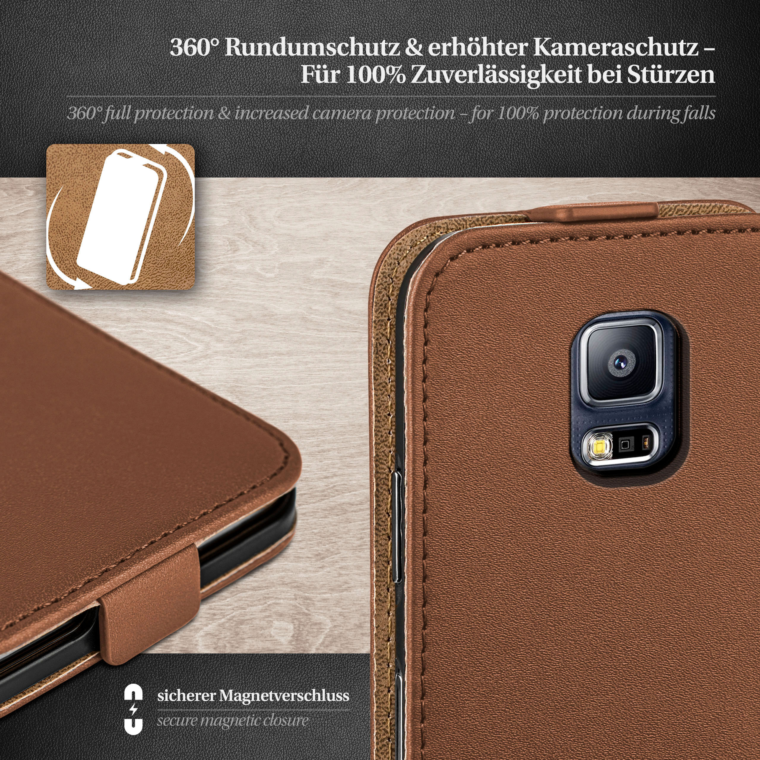 Braune Handyhülle mit Telefon innen. Text: 360° Rundumschutz & erhöhter Kameraschutz.