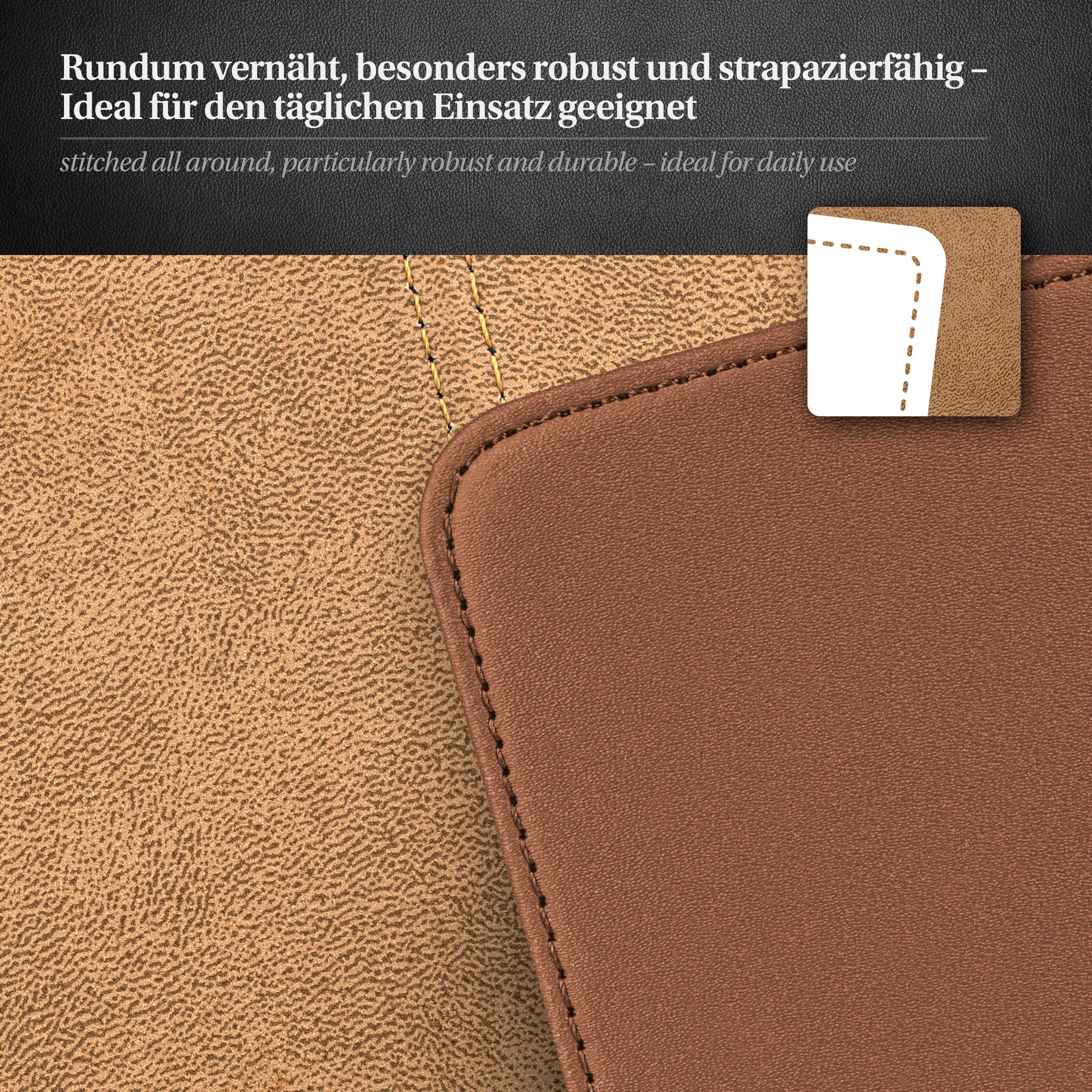 Nahaufnahme eines braunen und beigefarbenen Lederobjekts mit Nahtdetails. Robust und strapazierfähig.