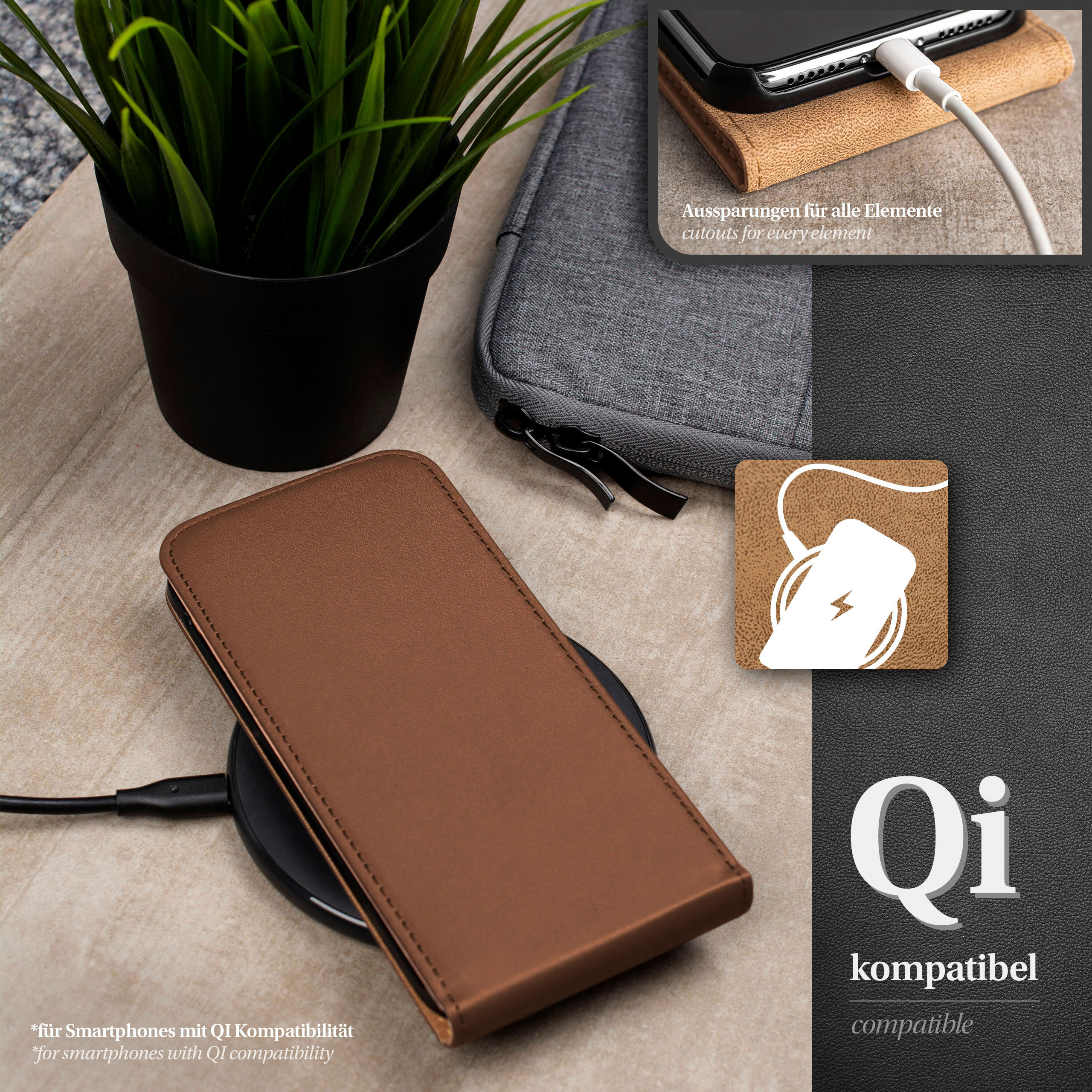 Braune Handyhülle auf kabellosem Ladegerät. Pflanze und graue Tasche im Hintergrund. Qi-Logo.
