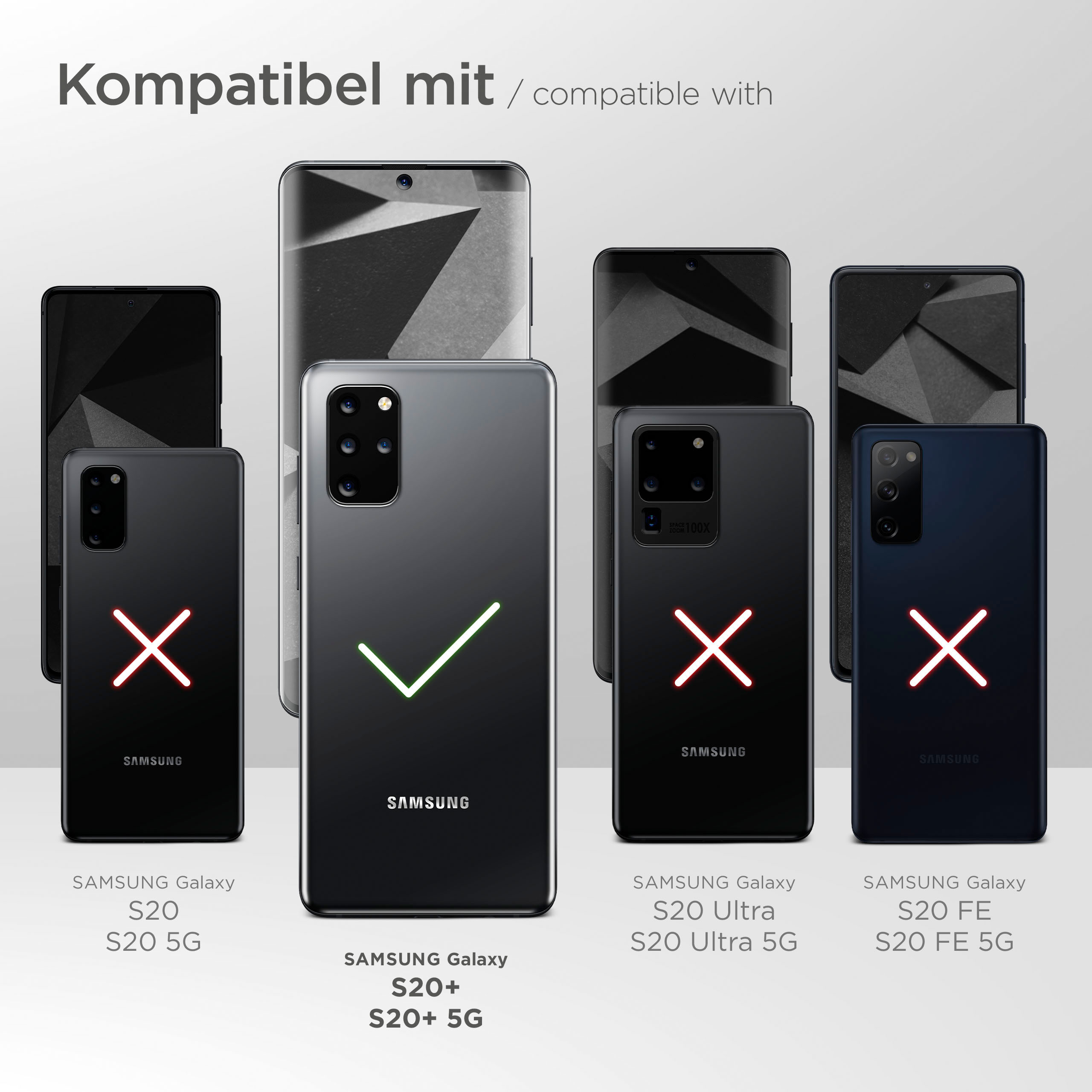 Bild zeigt mehrere Telefone mit Hüllen, einige mit X markiert, eines mit einem Häkchen.