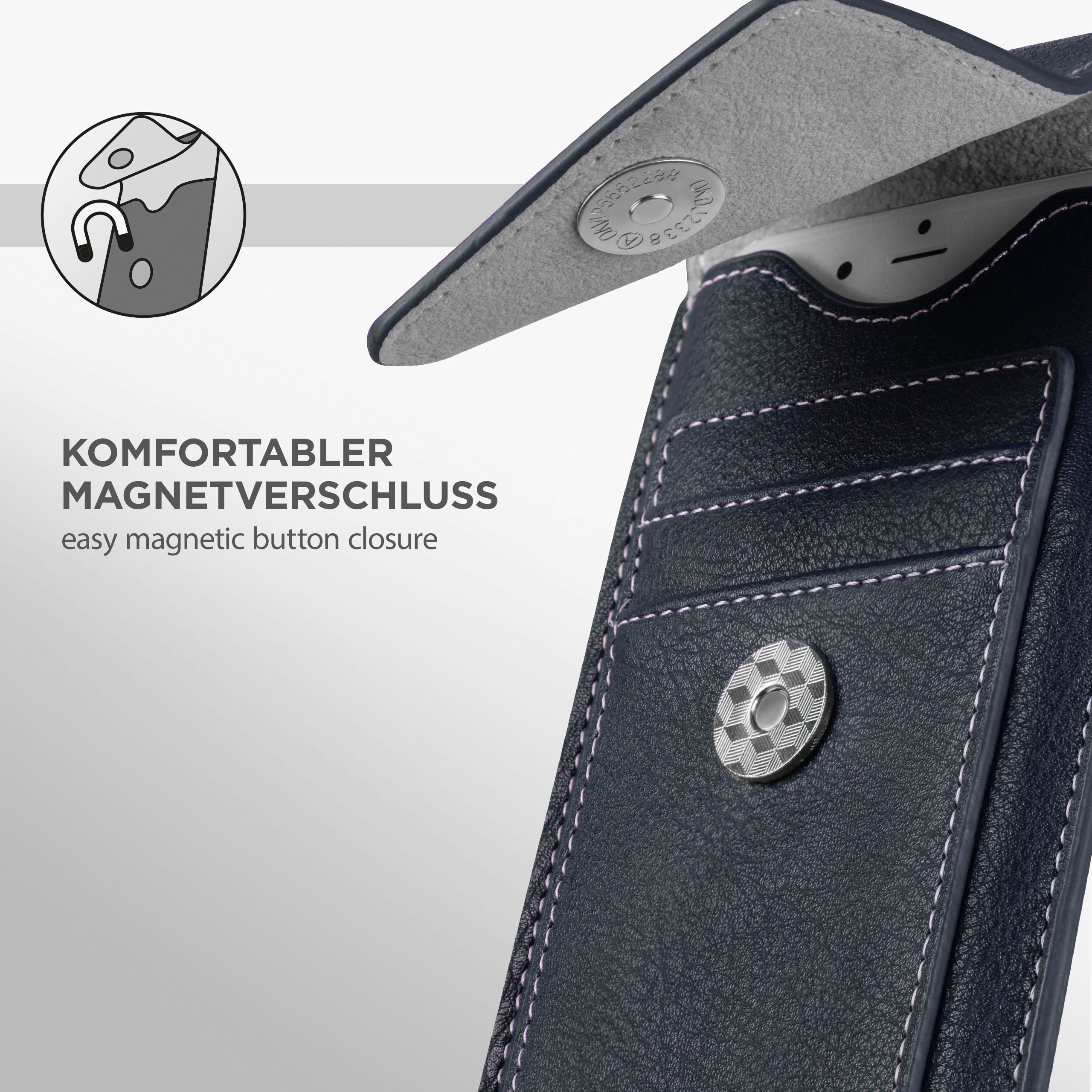 Dunkelblaue Handyhülle mit Magnetverschluss und weißen Nähten. Telefon und Karten innen.