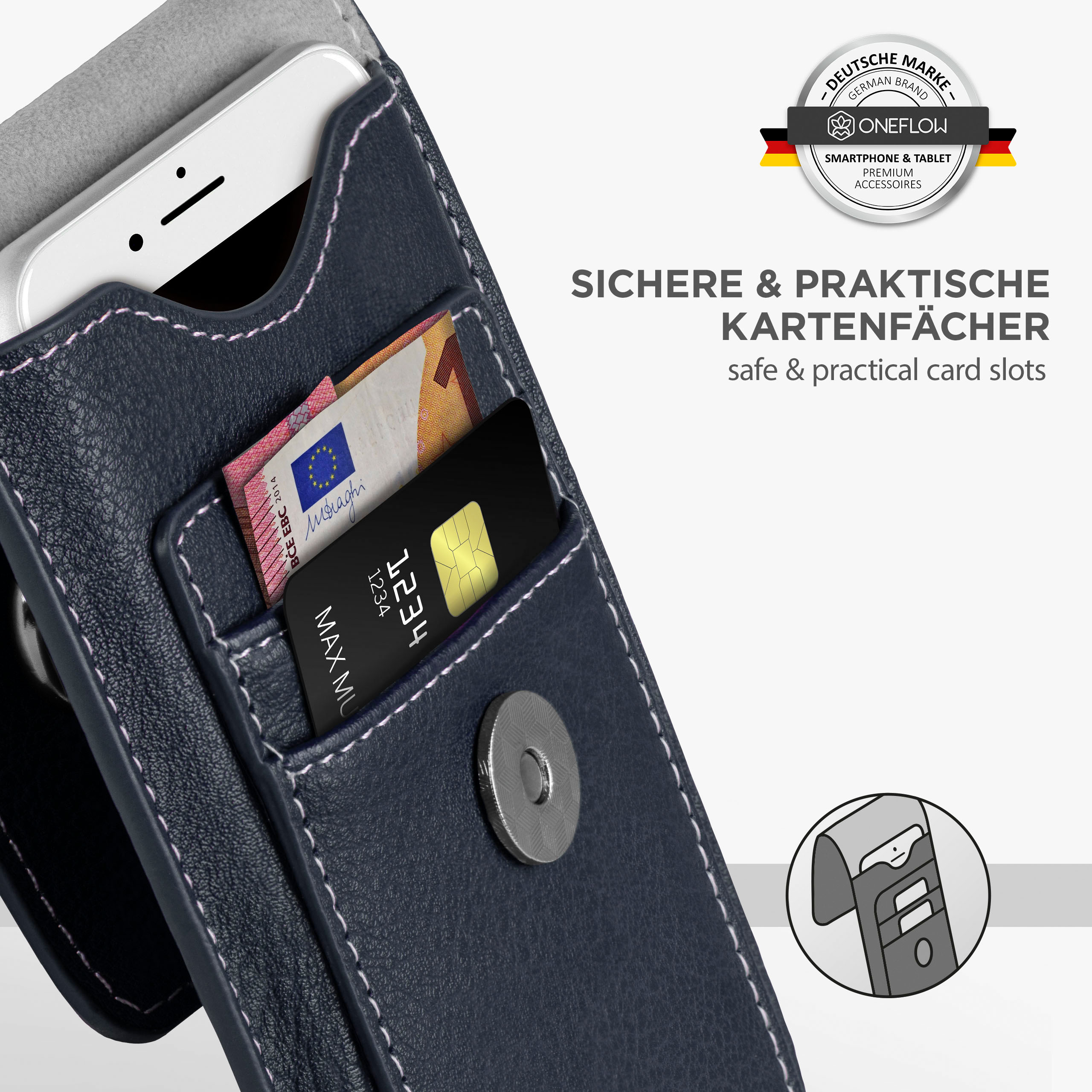Blaue Leder-Handyhülle offen, Karten, Bargeld und Telefon sichtbar, Logo sichtbar.