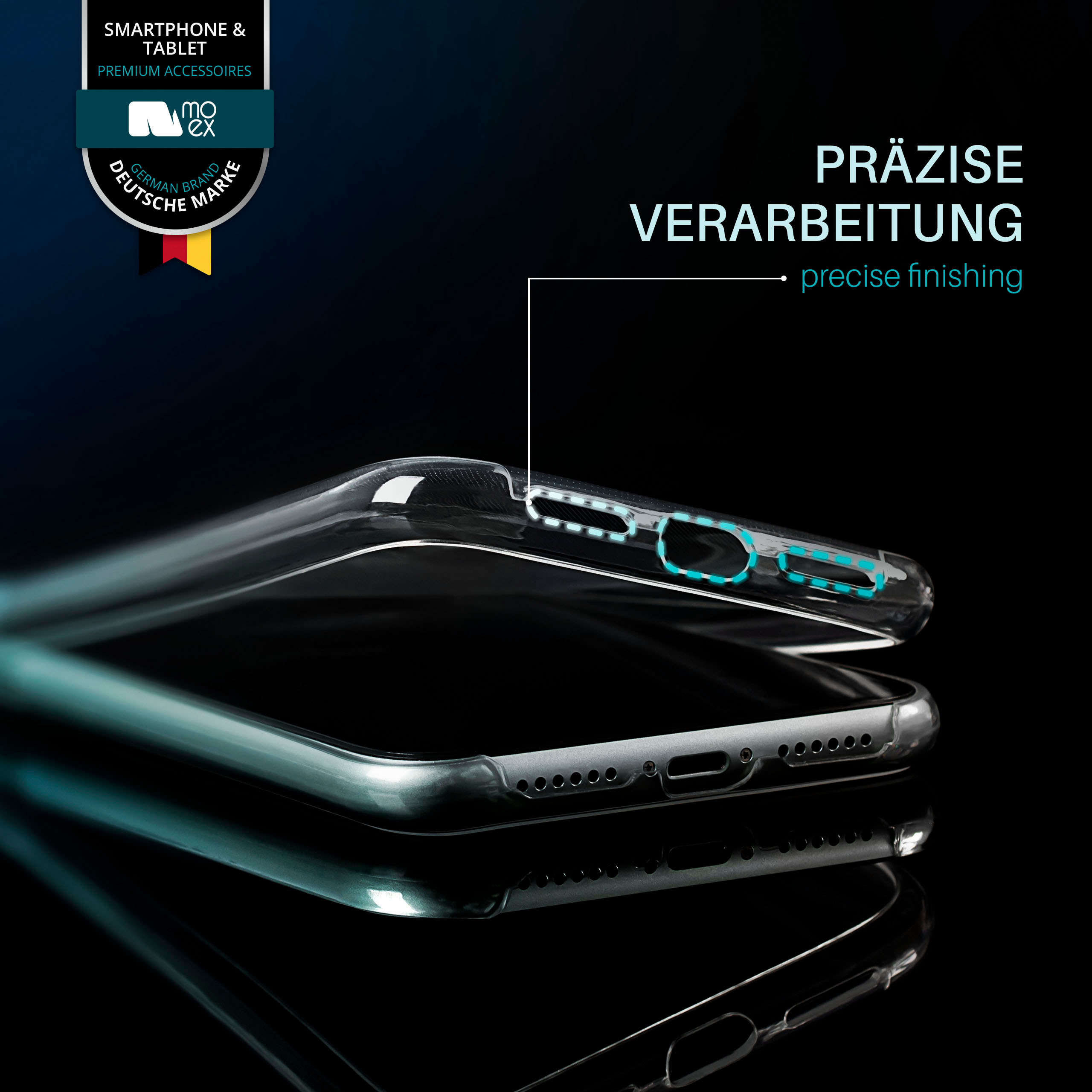 Transparente Handyhülle mit präzisen Aussparungen, Details des Telefons, schwarzer HG.