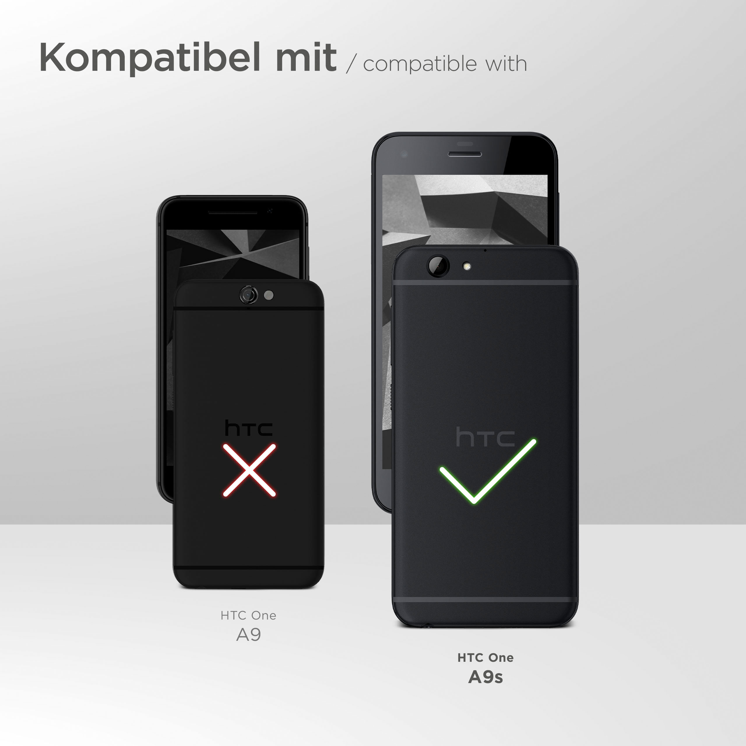 Zwei schwarze Telefone. Eines hat ein grünes Häkchen, das andere ein rotes X. Text sagt 'kompatibel mit'.