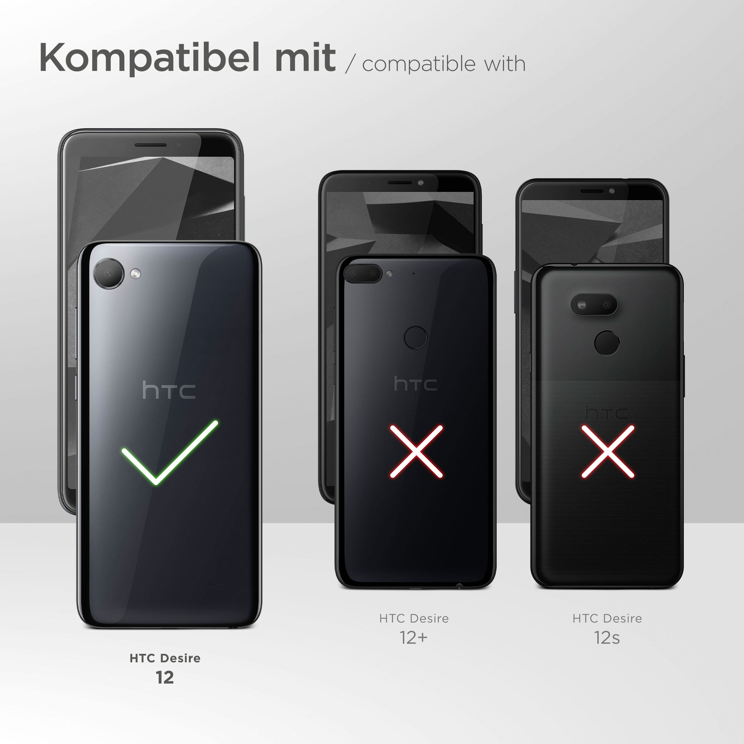Das Bild zeigt Handys. HTC Desire 12 ist kompatibel, andere nicht. Oben steht 'kompatibel mit'.