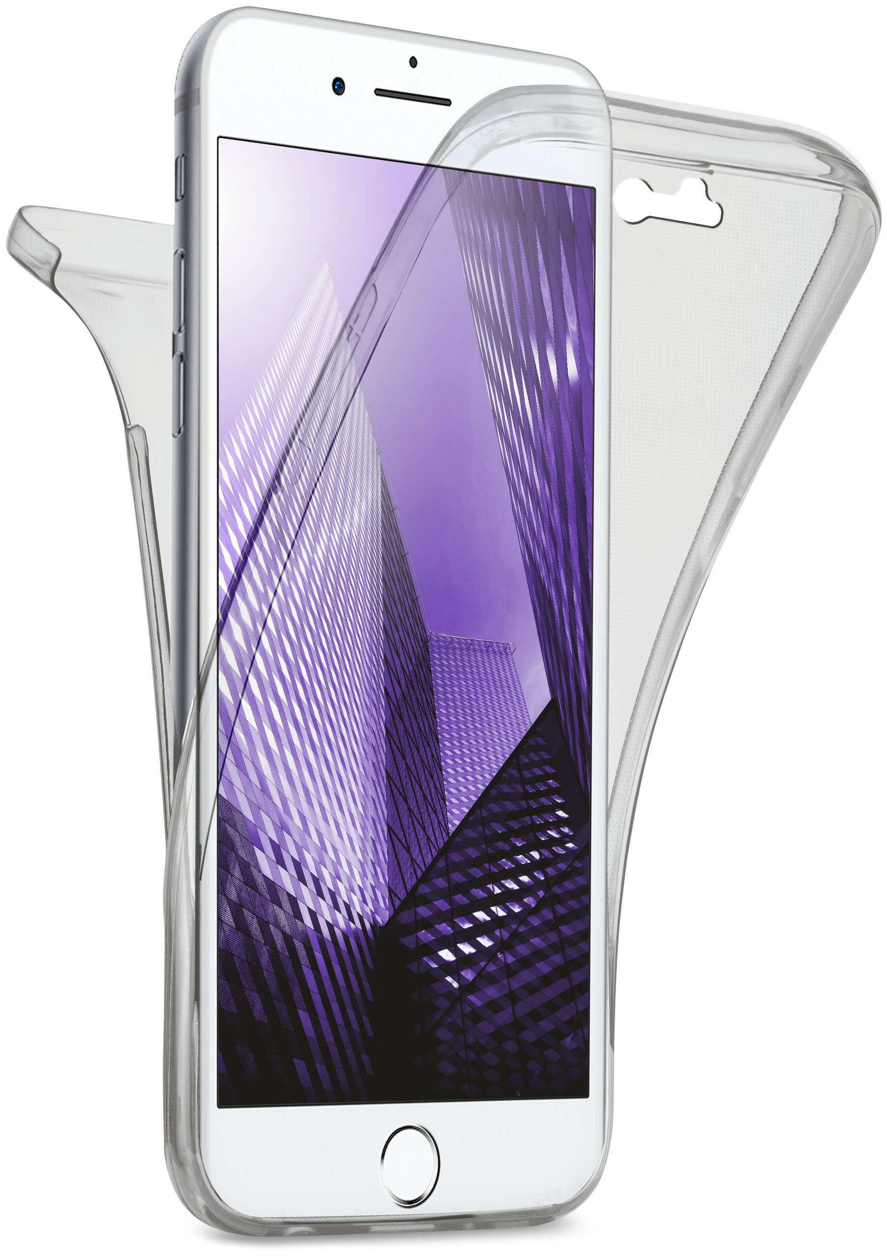 Ein Telefon mit lila Stadt-Skyline auf dem Bildschirm. Die Hülle ist transparent.