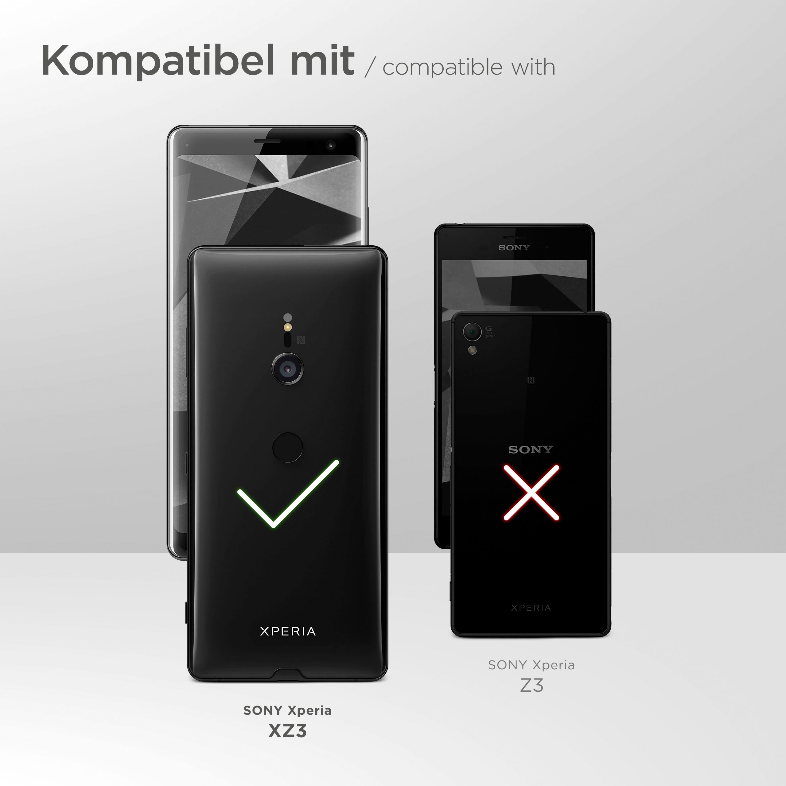 Telefone, eines mit einem Häkchen, ein anderes mit einem X, und Text.