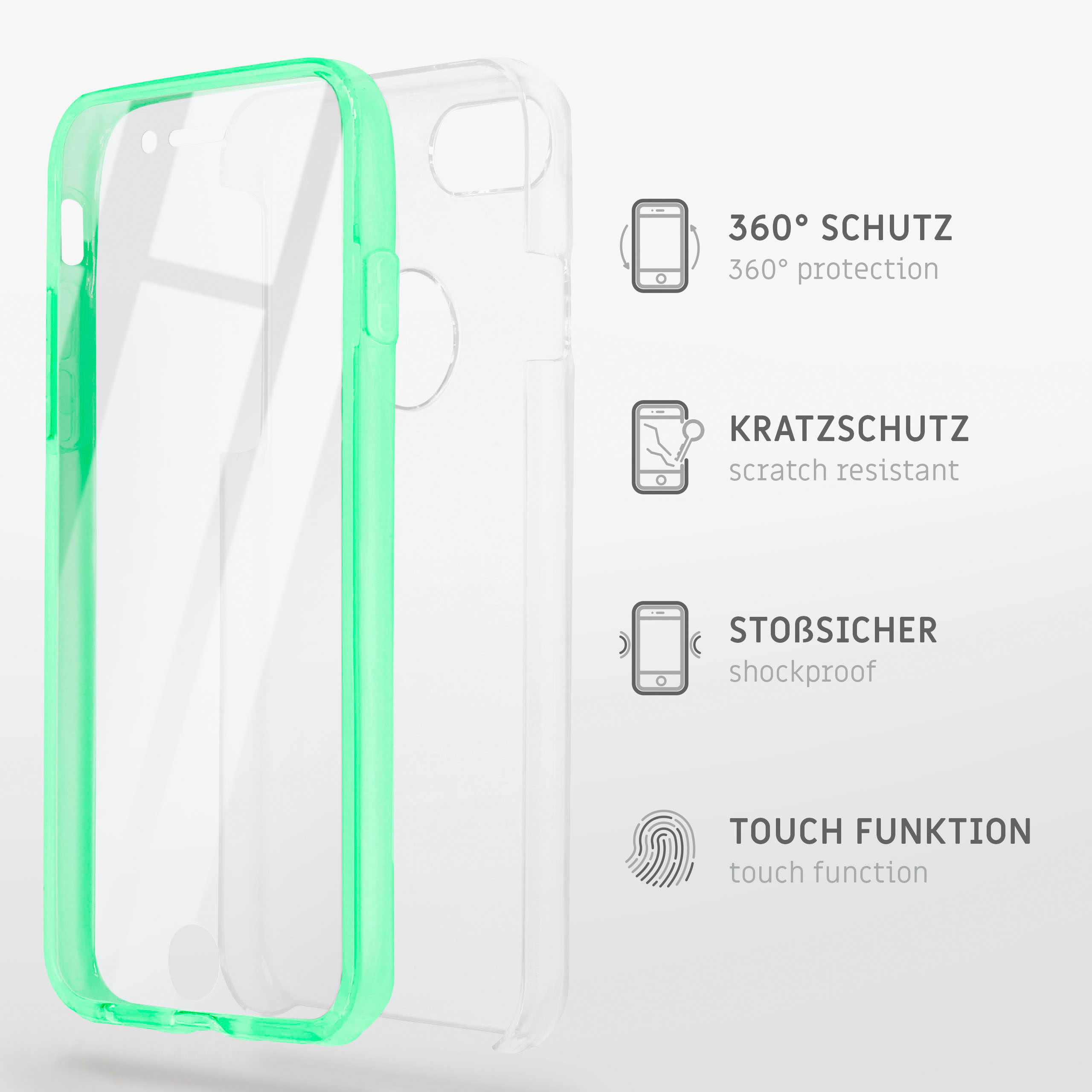 Transparente Handyhülle mit grünem Rahmen. Schutzfunktionen werden durch Symbole angezeigt.