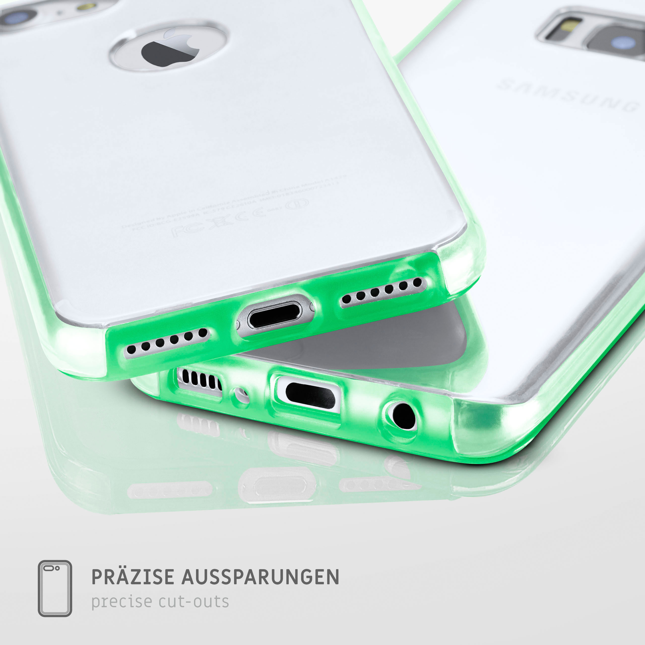 Zwei Telefone mit grünen Akzenten, die präzise Aussparungen für Anschlüsse und Tasten zeigen.