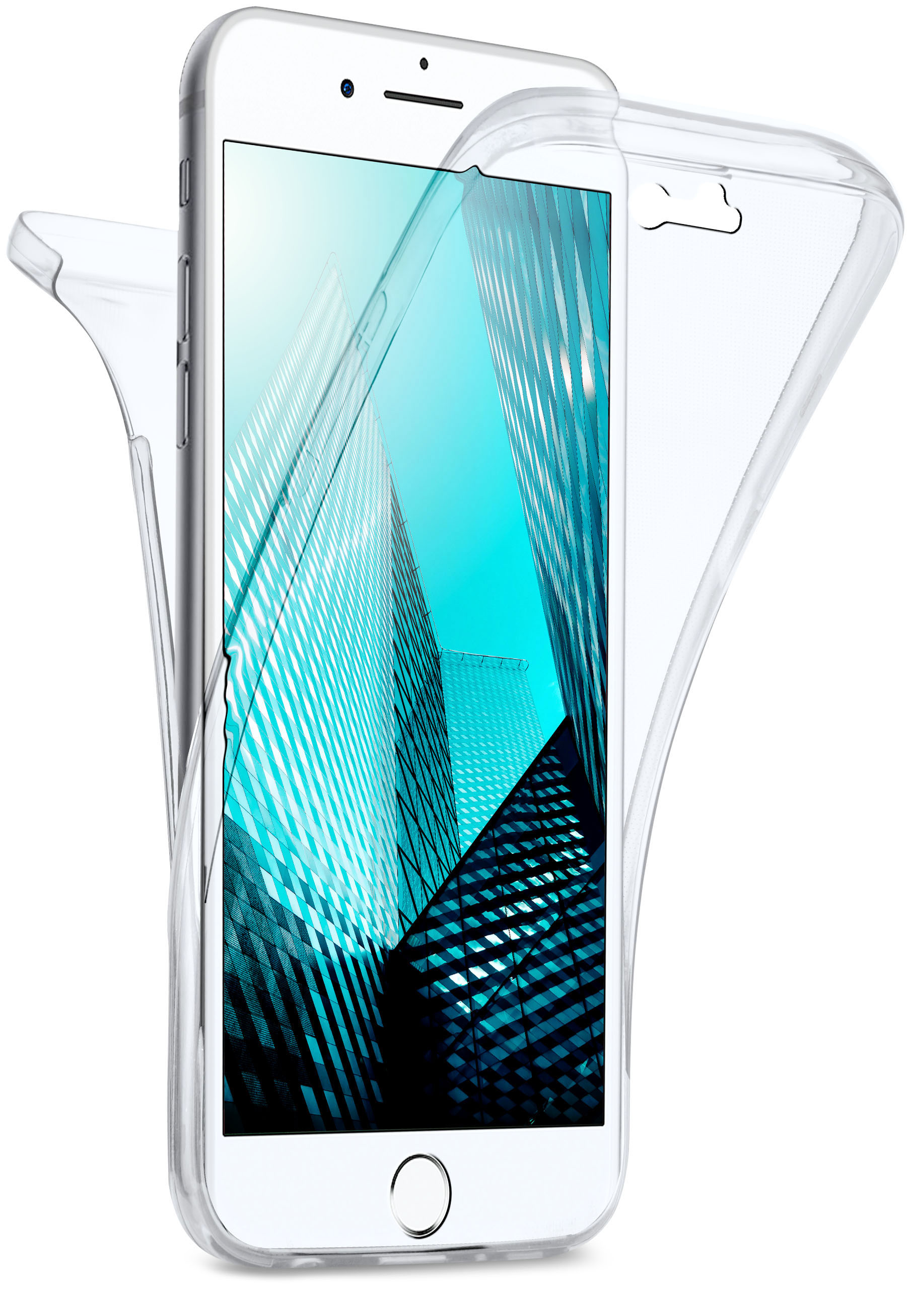 Transparente Handyhülle mit Telefon innen. Gebäude sind auf dem Bildschirm sichtbar.