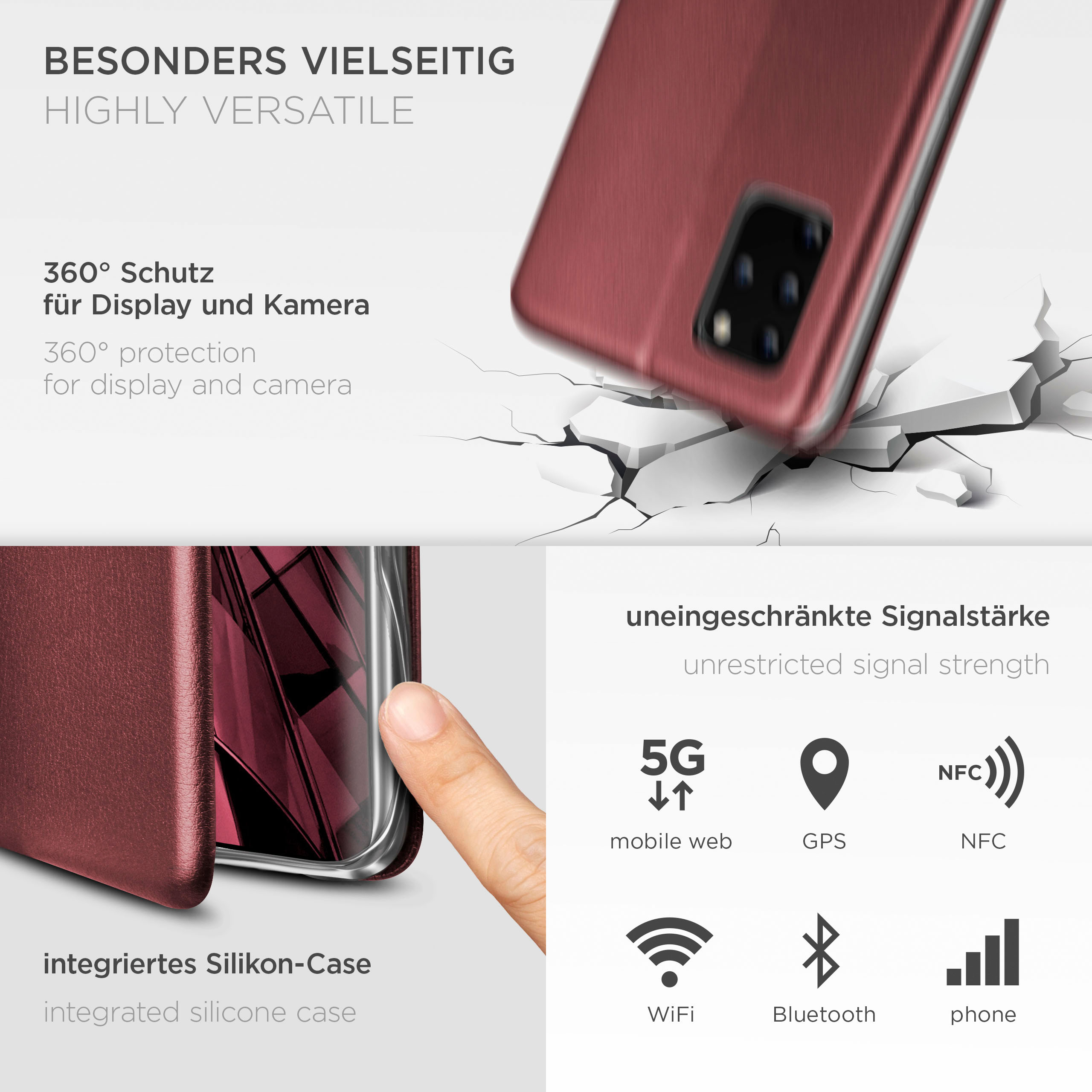 Rote Handyhülle mit Telefon und Icons. Text: 360° Schutz für Display und Kamera.