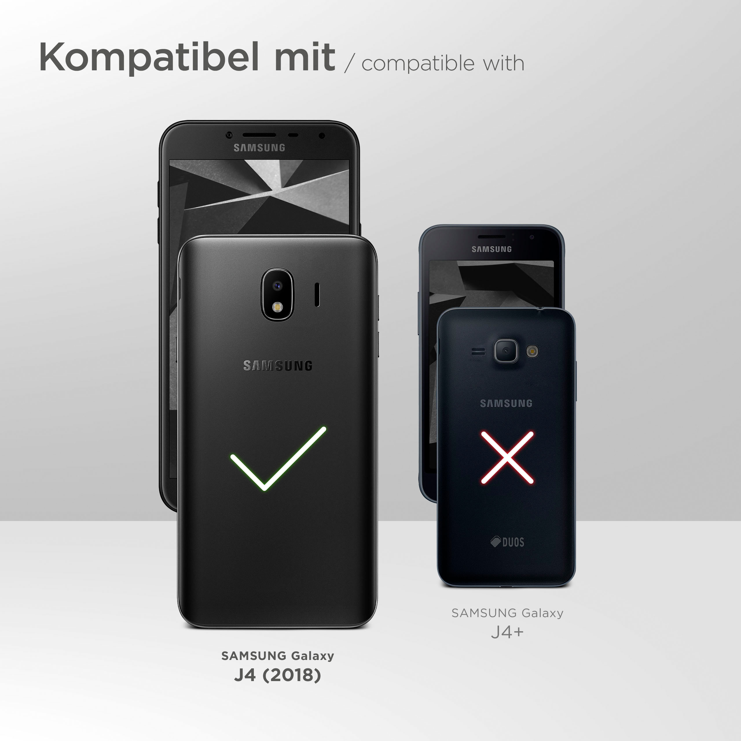 Drei Telefone, zwei Samsung, eines kompatibel, eines nicht. Weißer Hintergrund.