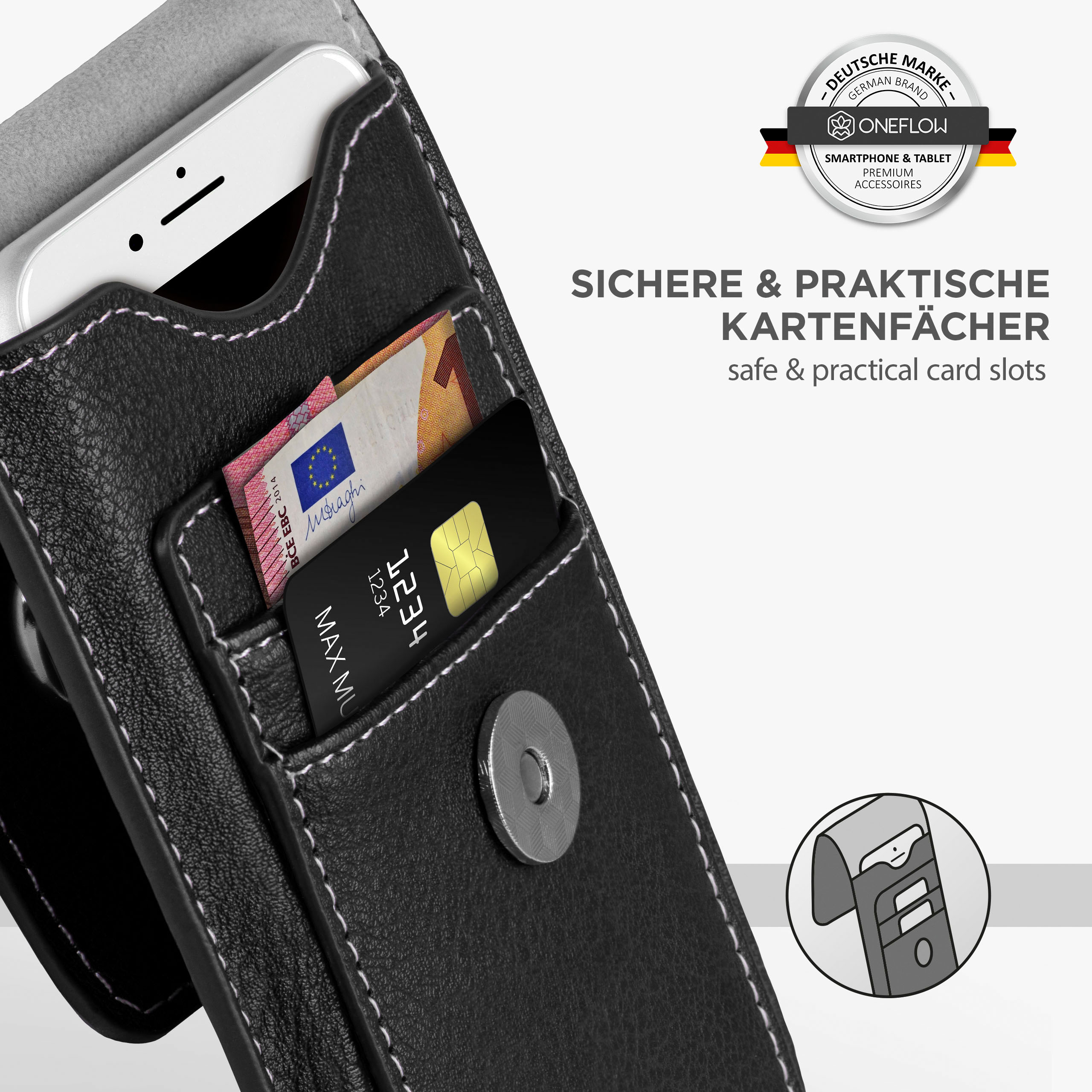 Schwarze Handyhülle mit Kartenfächern, einem Euro-Schein und einer Kreditkarte.