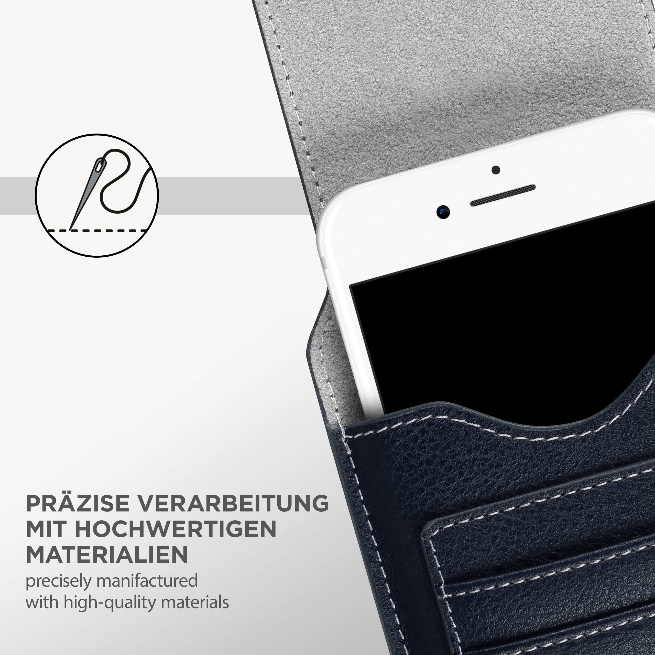 Blaue Leder-Handyhülle offen, zeigt weißes Telefon und Karten, mit Nahtdetails.