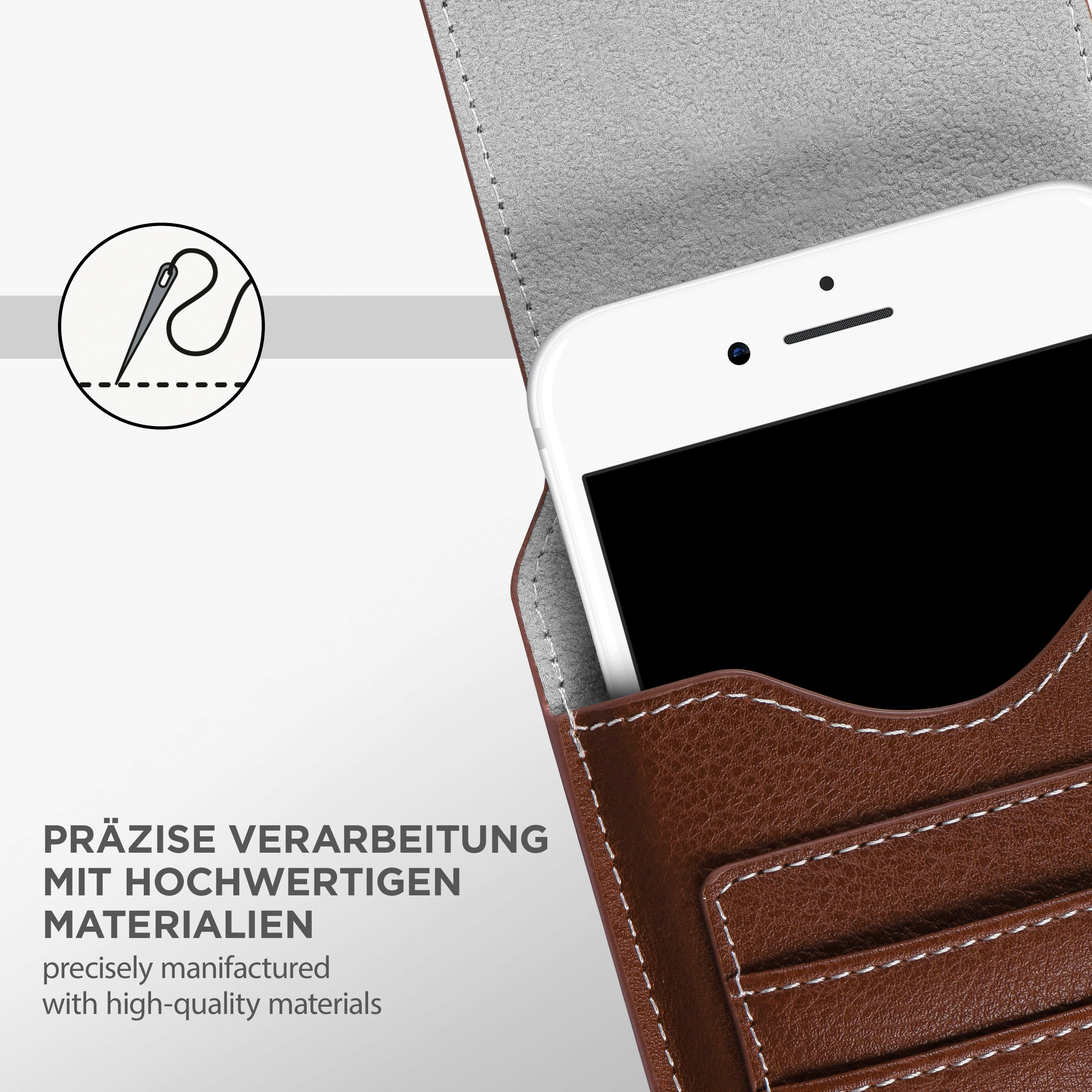 Ein Telefon in einer braunen Ledertasche, mit weißen Nähten.
