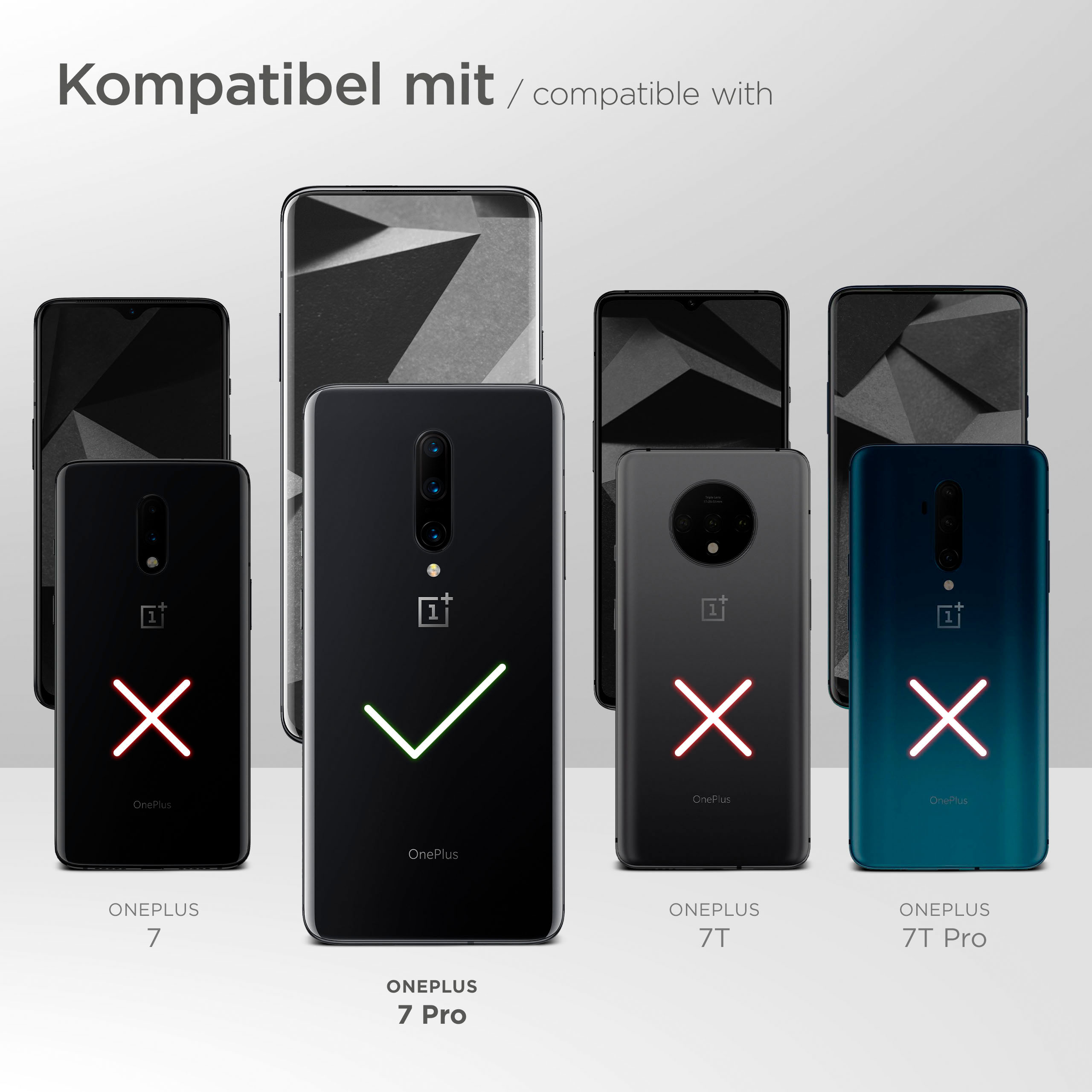 Bild zeigt Telefone mit unterschiedlichen Kompatibilitätszeichen. OnePlus 7 Pro hat ein Häkchen.
