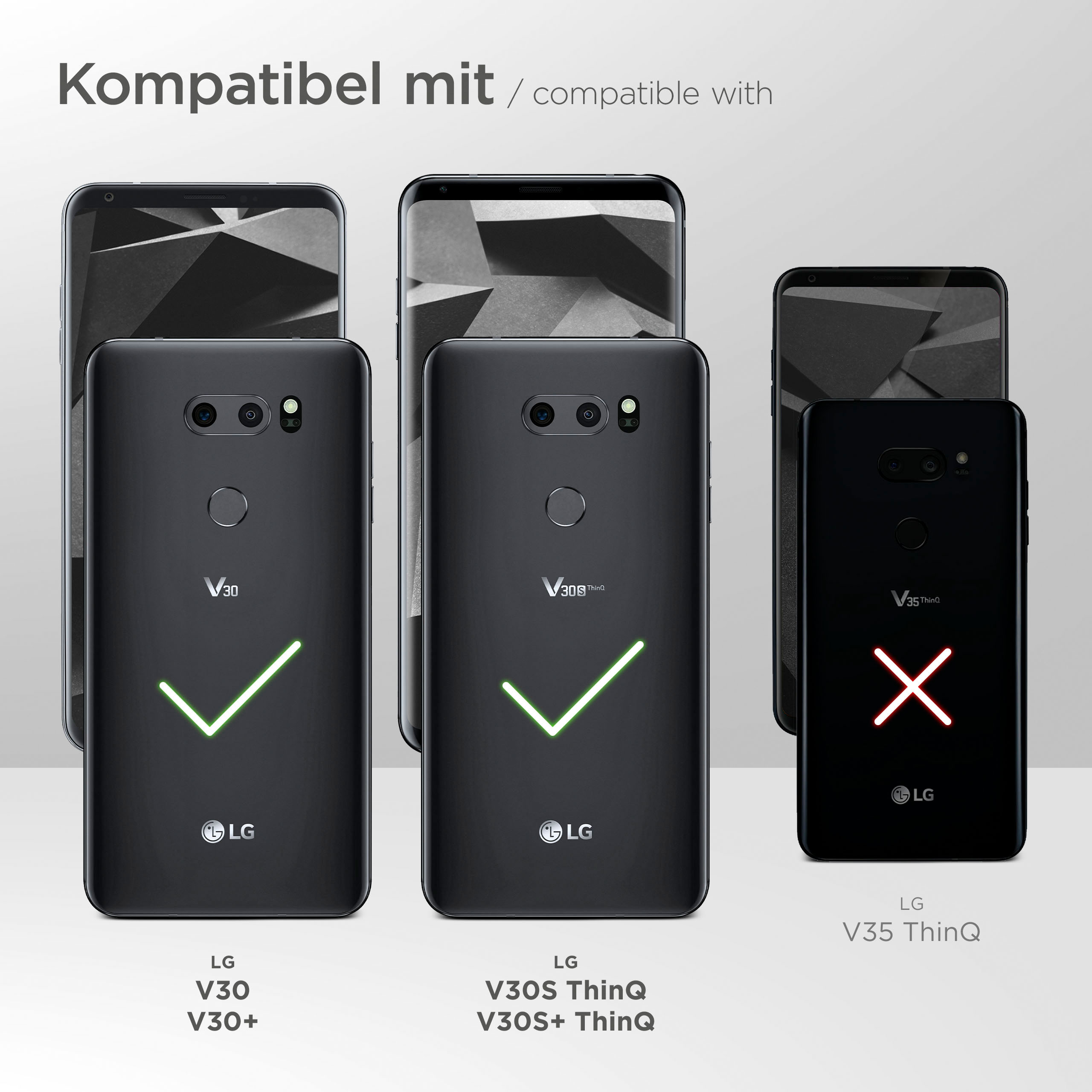 Vergleich von LG-Telefonen: V30, V30S ThinQ und V35 ThinQ, zeigt Kompatibilität.