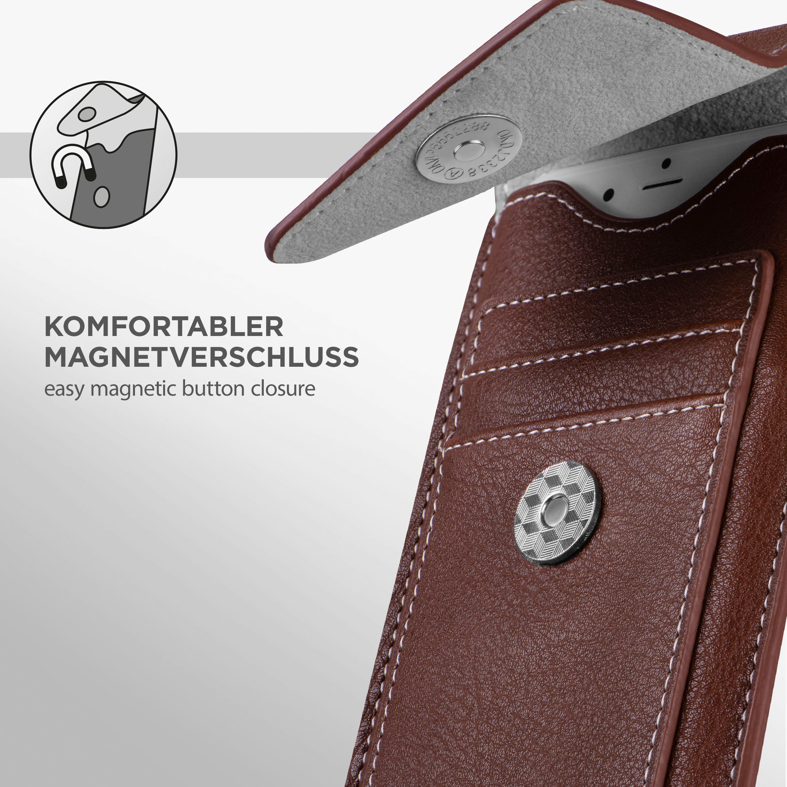 Braune Handyhülle mit Magnetverschluss und Telefon. Text: Einfacher Magnetverschluss.