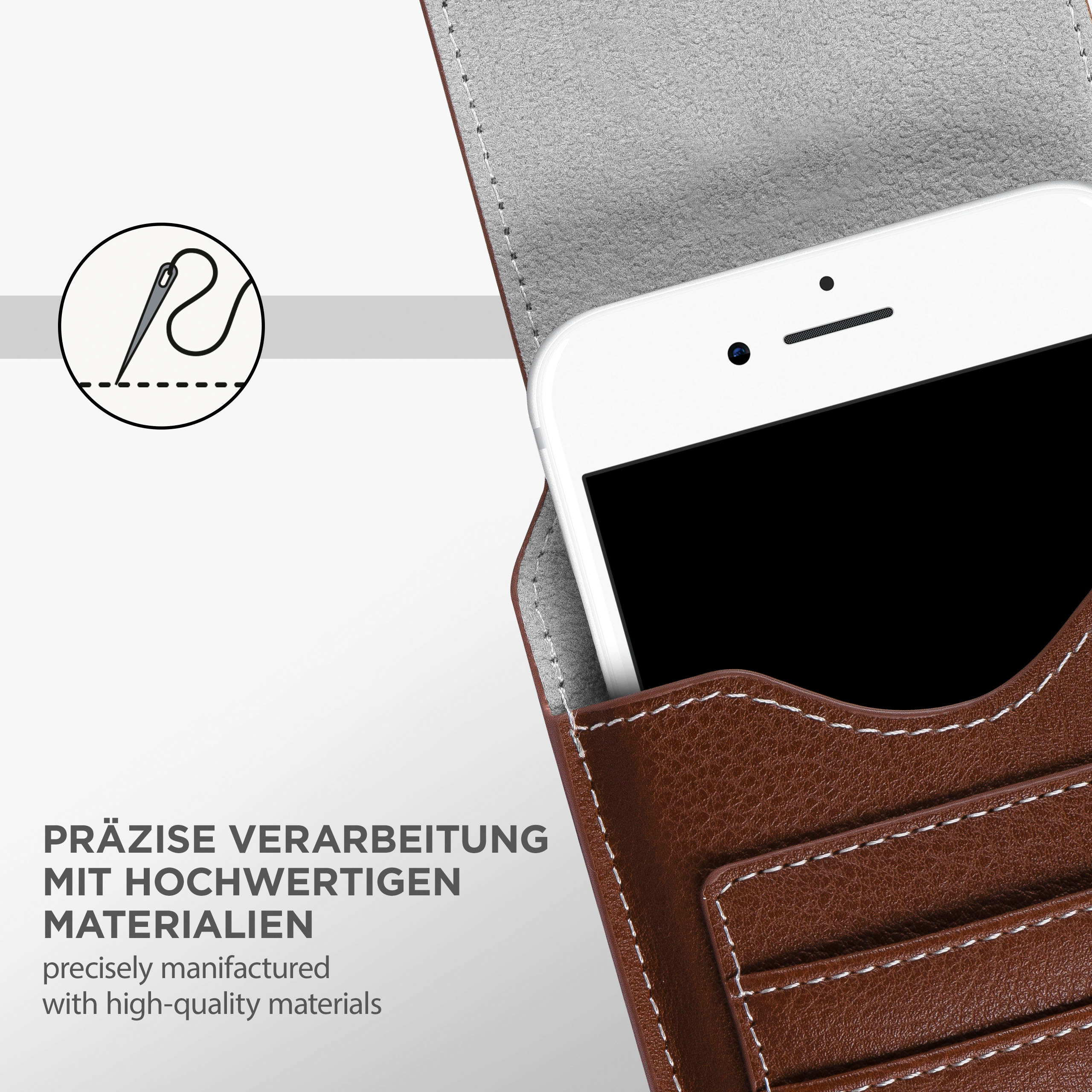 Braune Handyhülle mit weißen Nähten. Weißes Telefon mit schwarzem Bildschirm. Detailaufnahme.