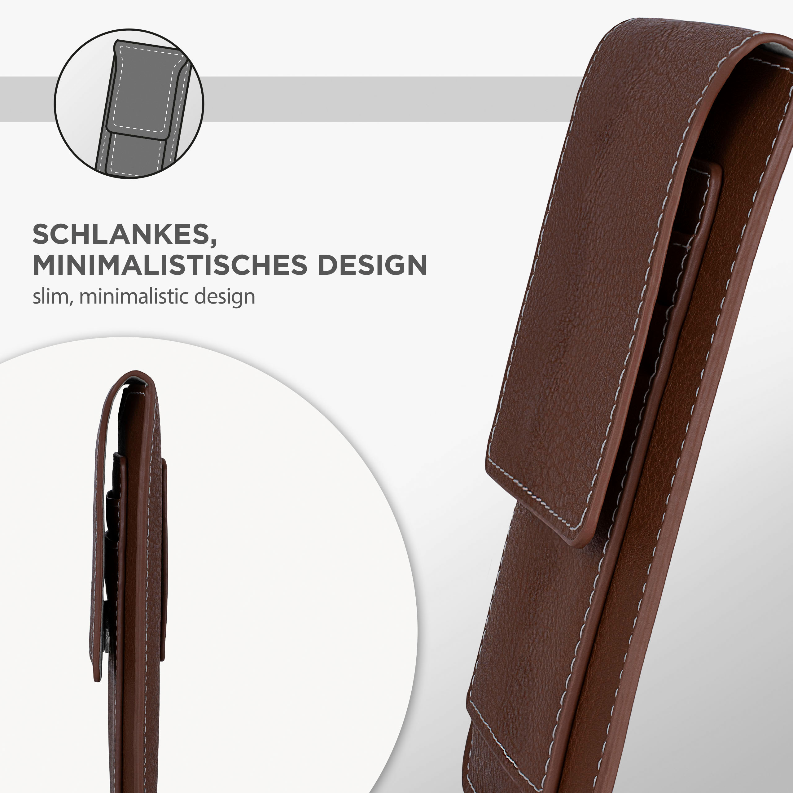 Schwarze Handyhülle mit schlankem, minimalistischem Design. Text: 'schlankes, minimalistisches Design'.