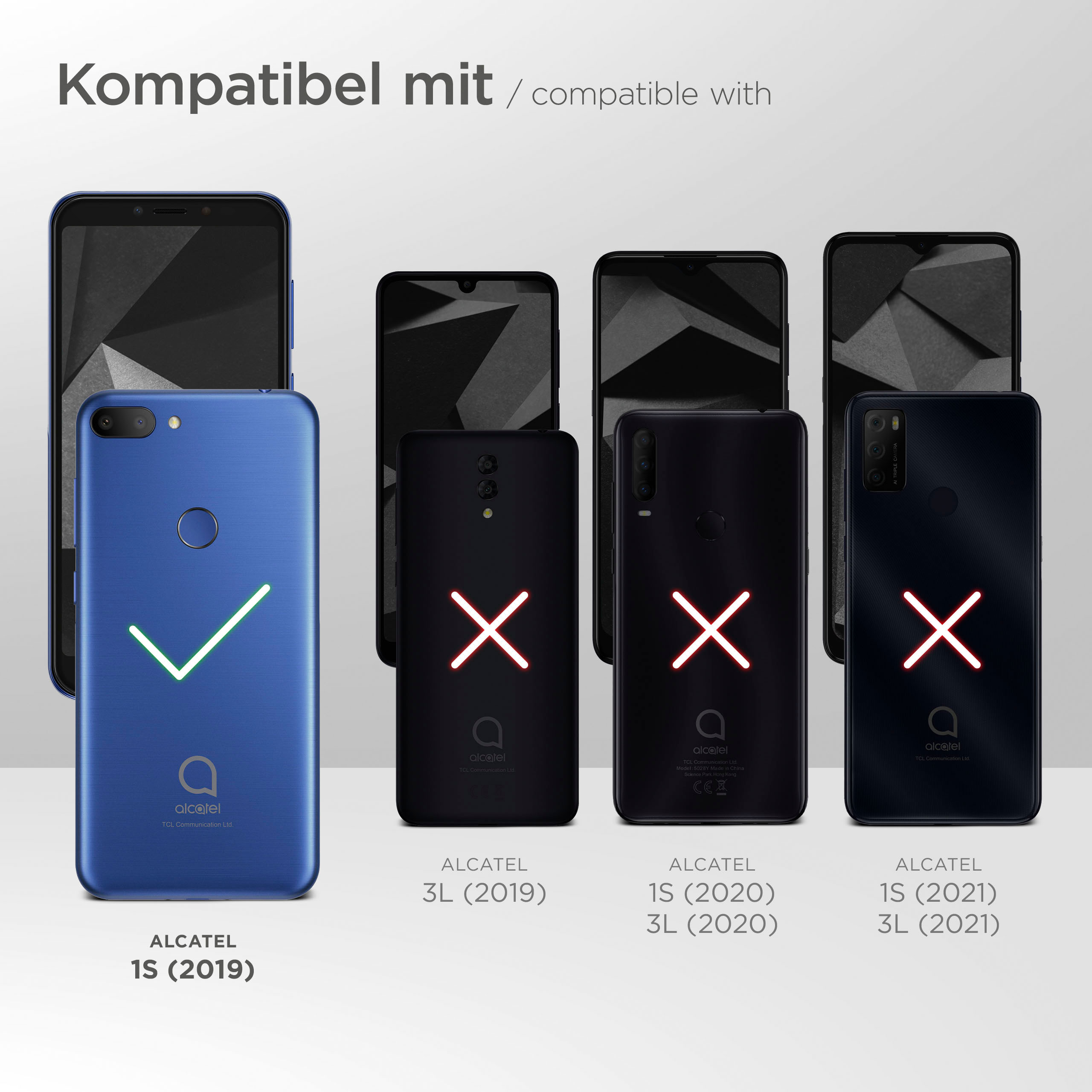 Telefonvergleich mit Alcatel 1S (2019) mit Häkchen und andere mit X-Zeichen.